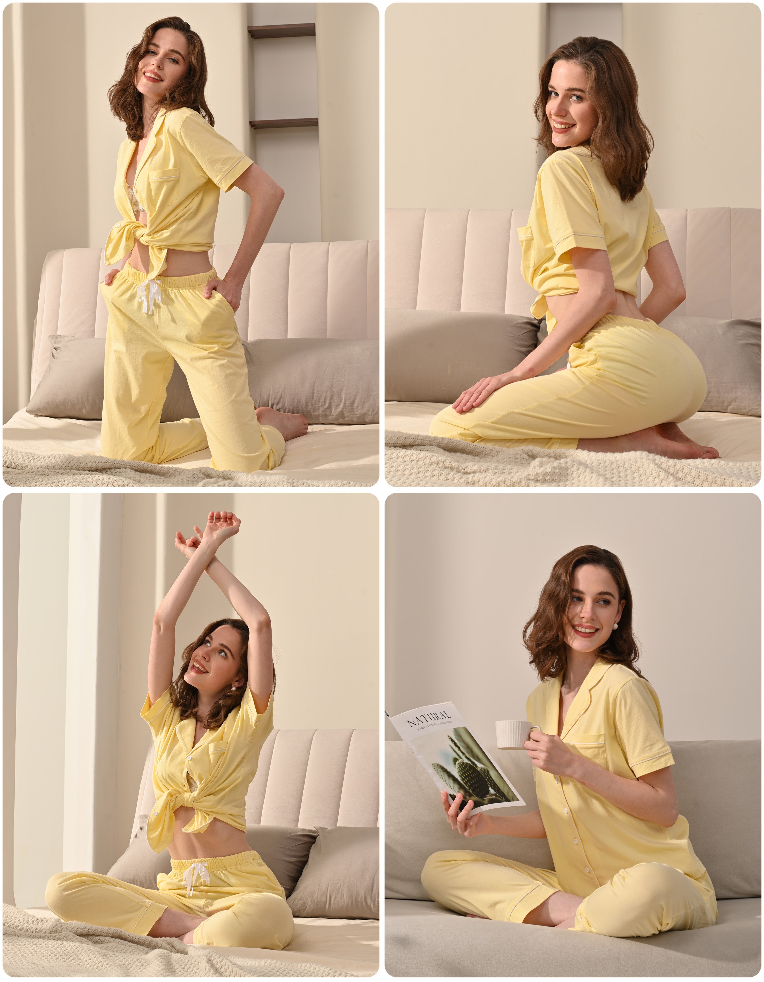 Model wearing solid yellow knit cotton pajamas in cozy home and bedroom scenes