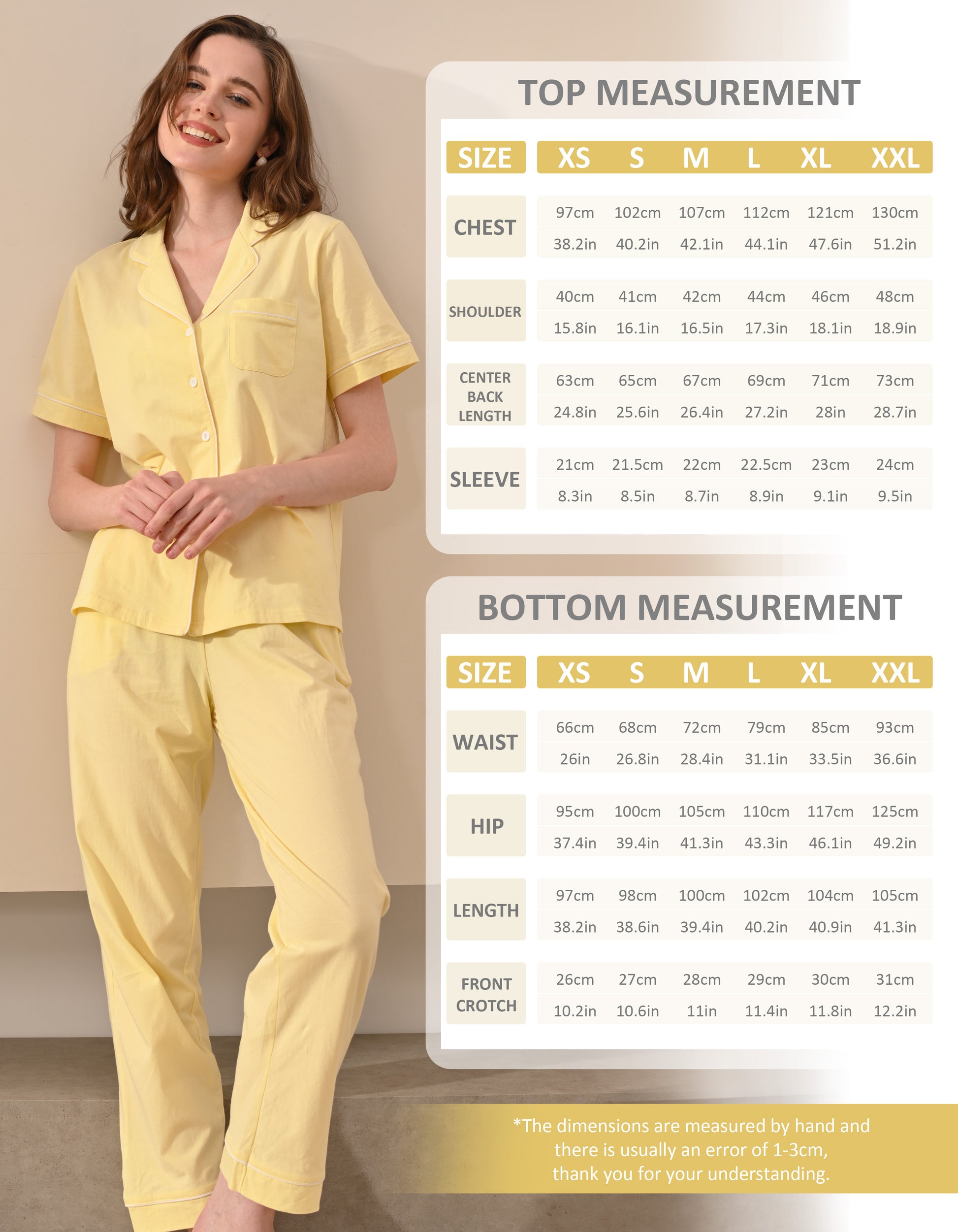 Size chart for women’s solid yellow knit cotton pajama set top and pants