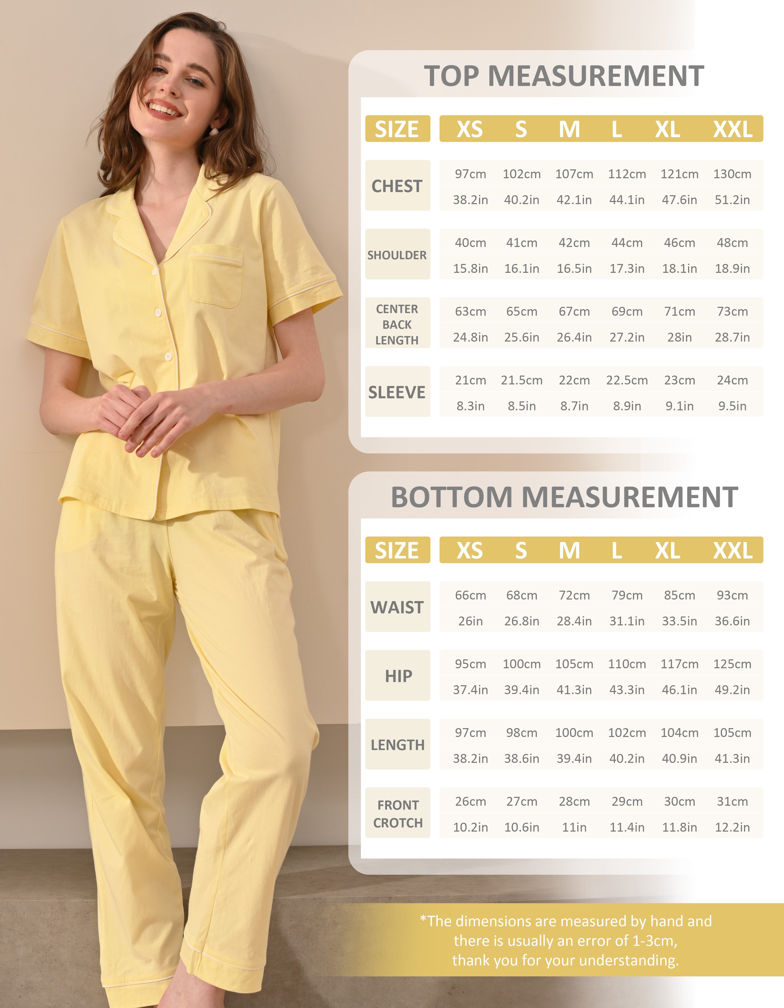 Size chart for women’s solid yellow knit cotton pajama set top and pants