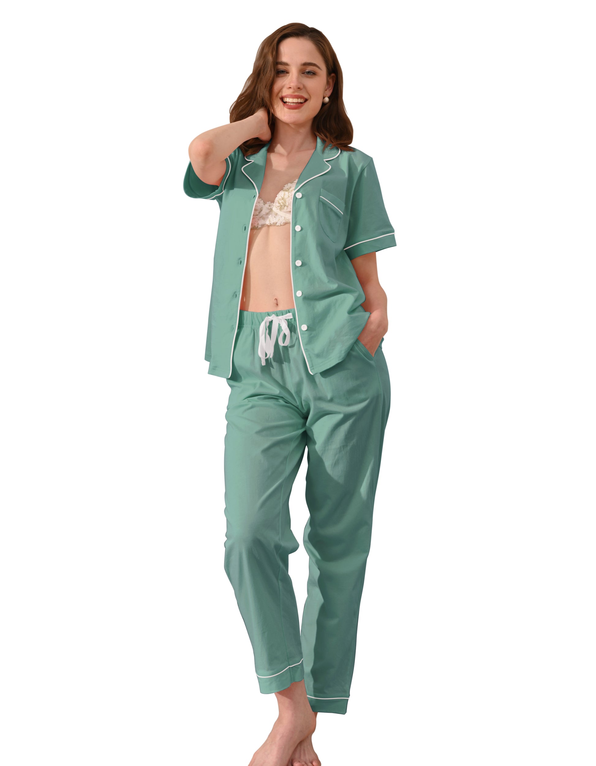 Teal green knit cotton women’s pajama set front view on white background