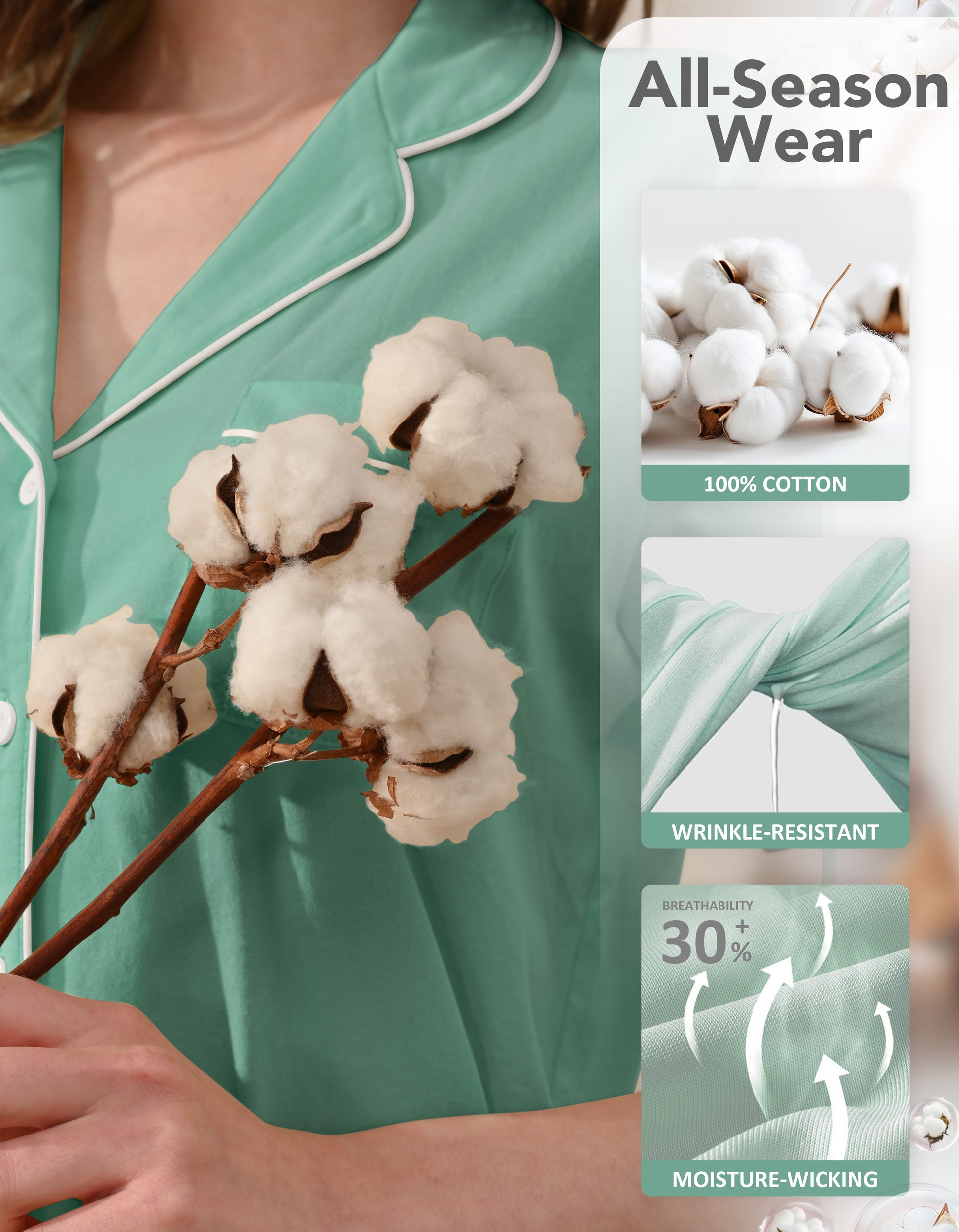 Close-up of teal green knit cotton pajama fabric showing softness and breathability