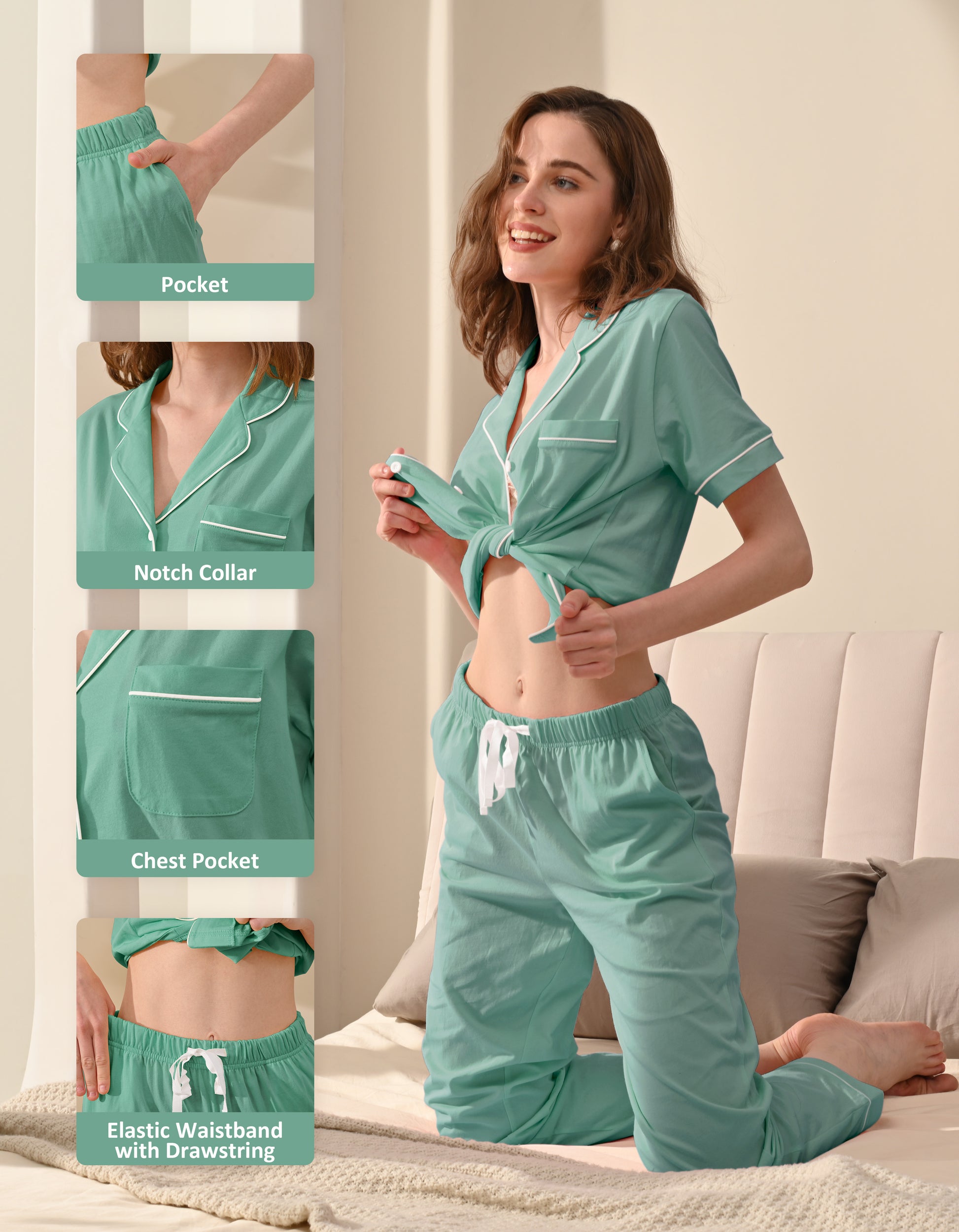 Design details of teal green knit cotton pajamas including notch collar, chest pocket, and drawstring waistband