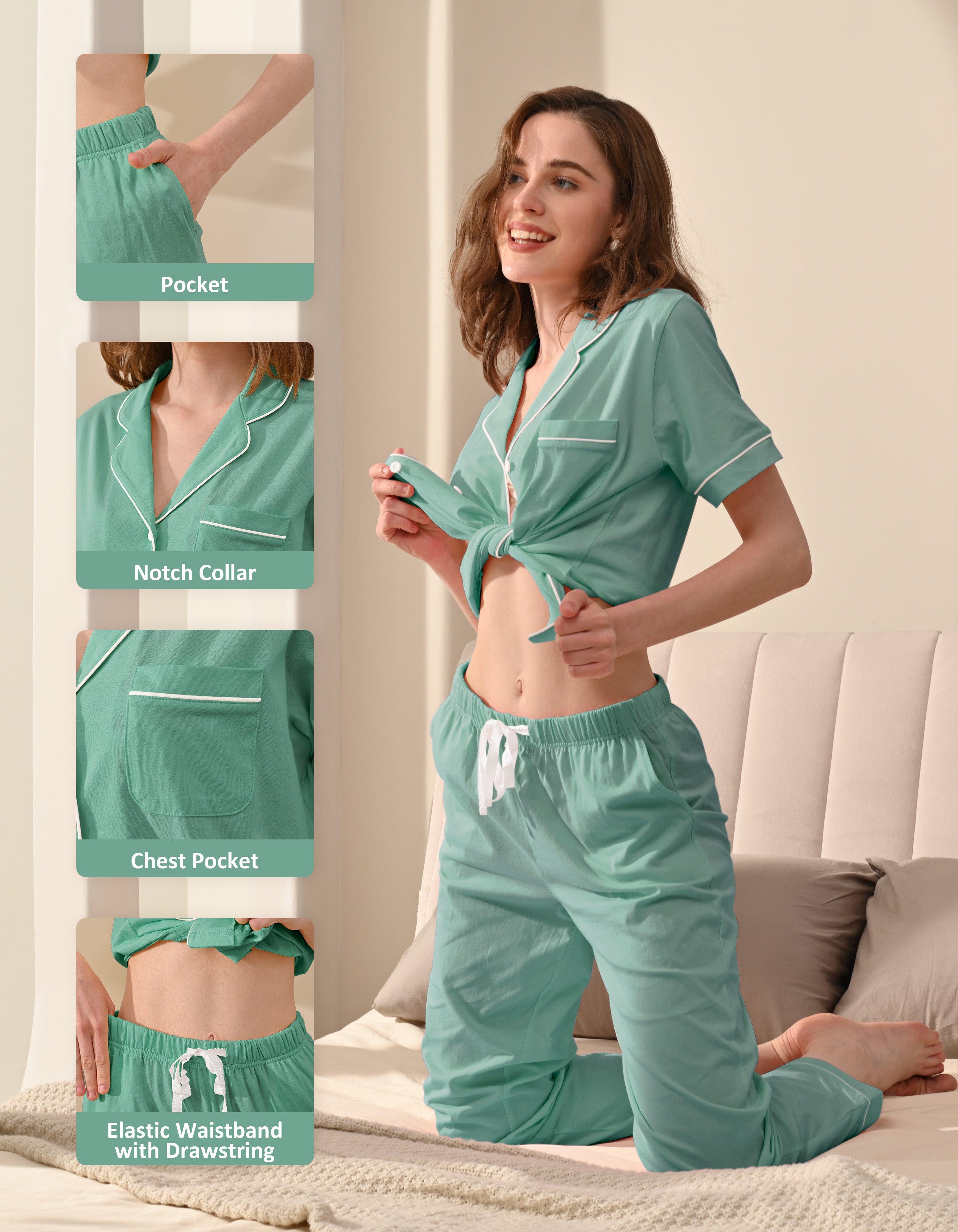 Design details of teal green knit cotton pajamas including notch collar, chest pocket, and drawstring waistband