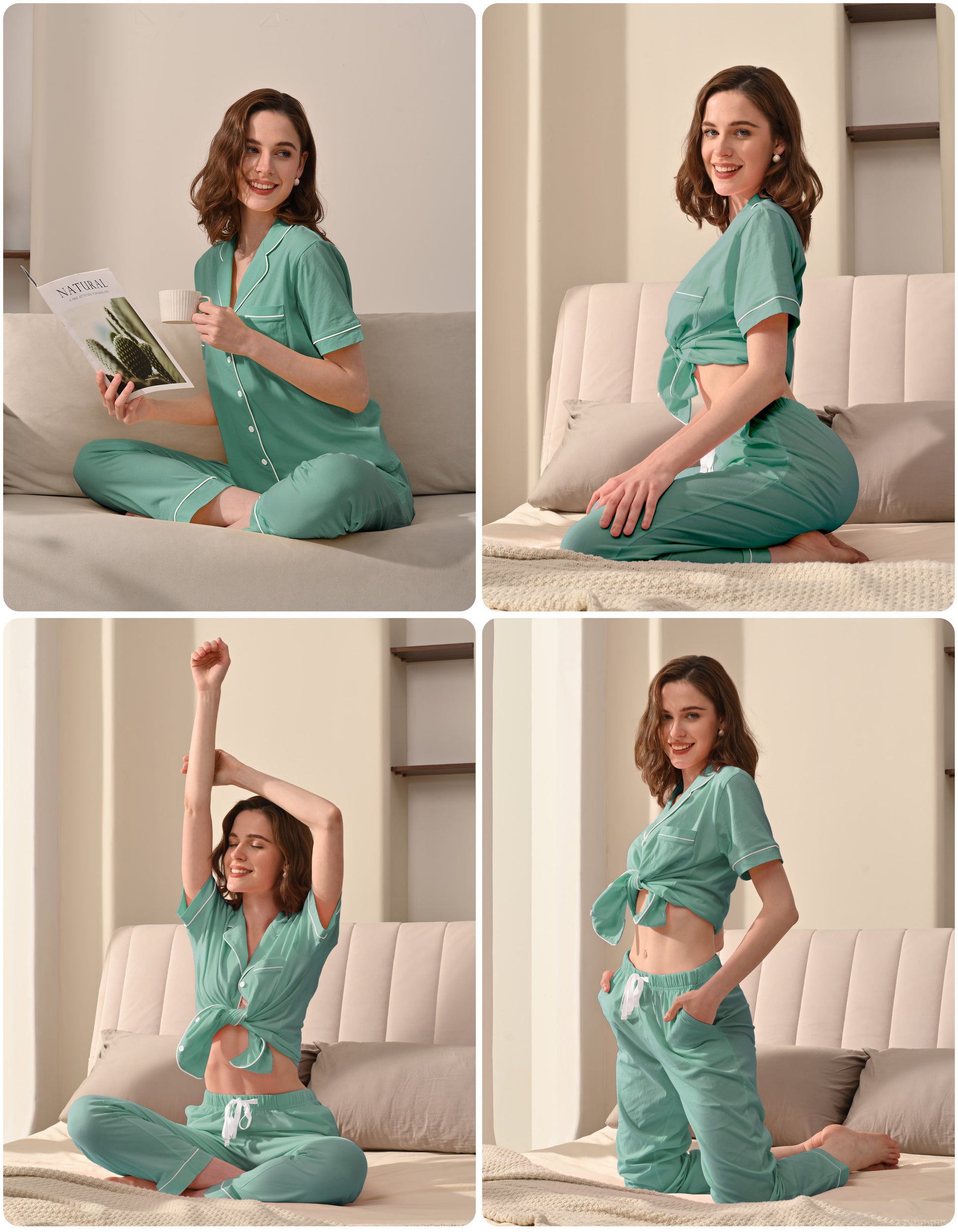 Model wearing teal green knit cotton pajamas in cozy home and bedroom scenes