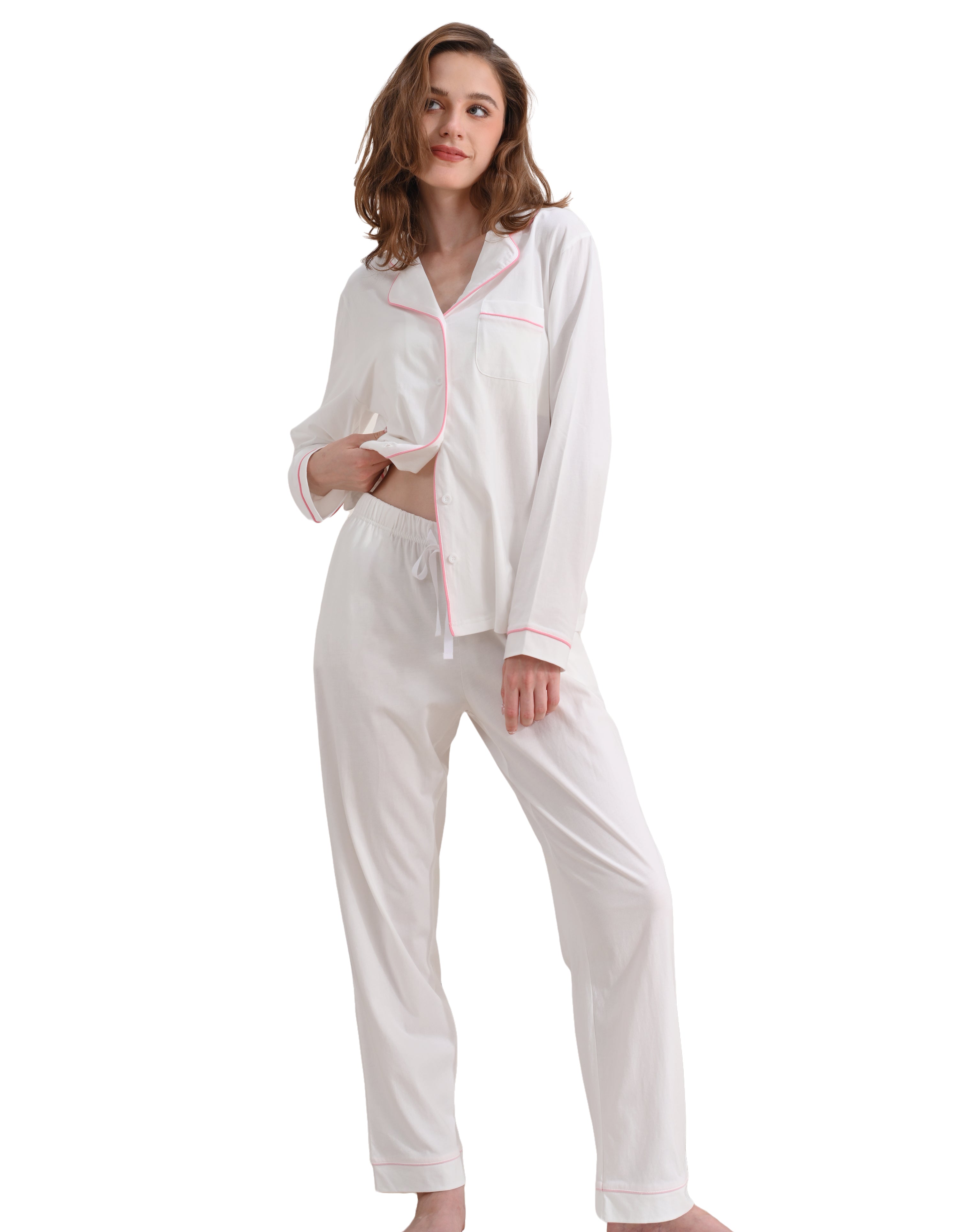 White knit cotton women’s pajama set front view on white background