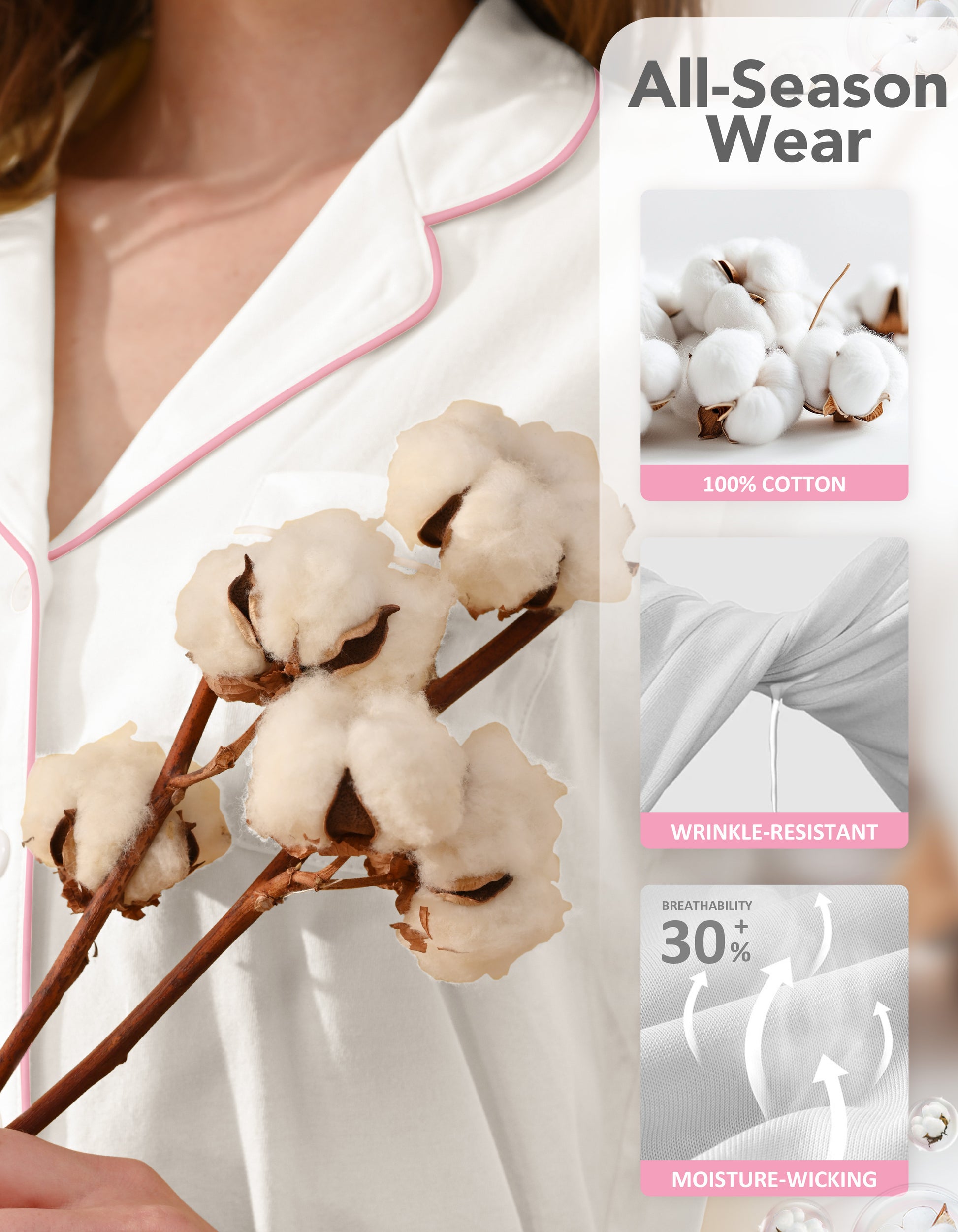 Close-up of white knit cotton pajama fabric showing softness and breathability