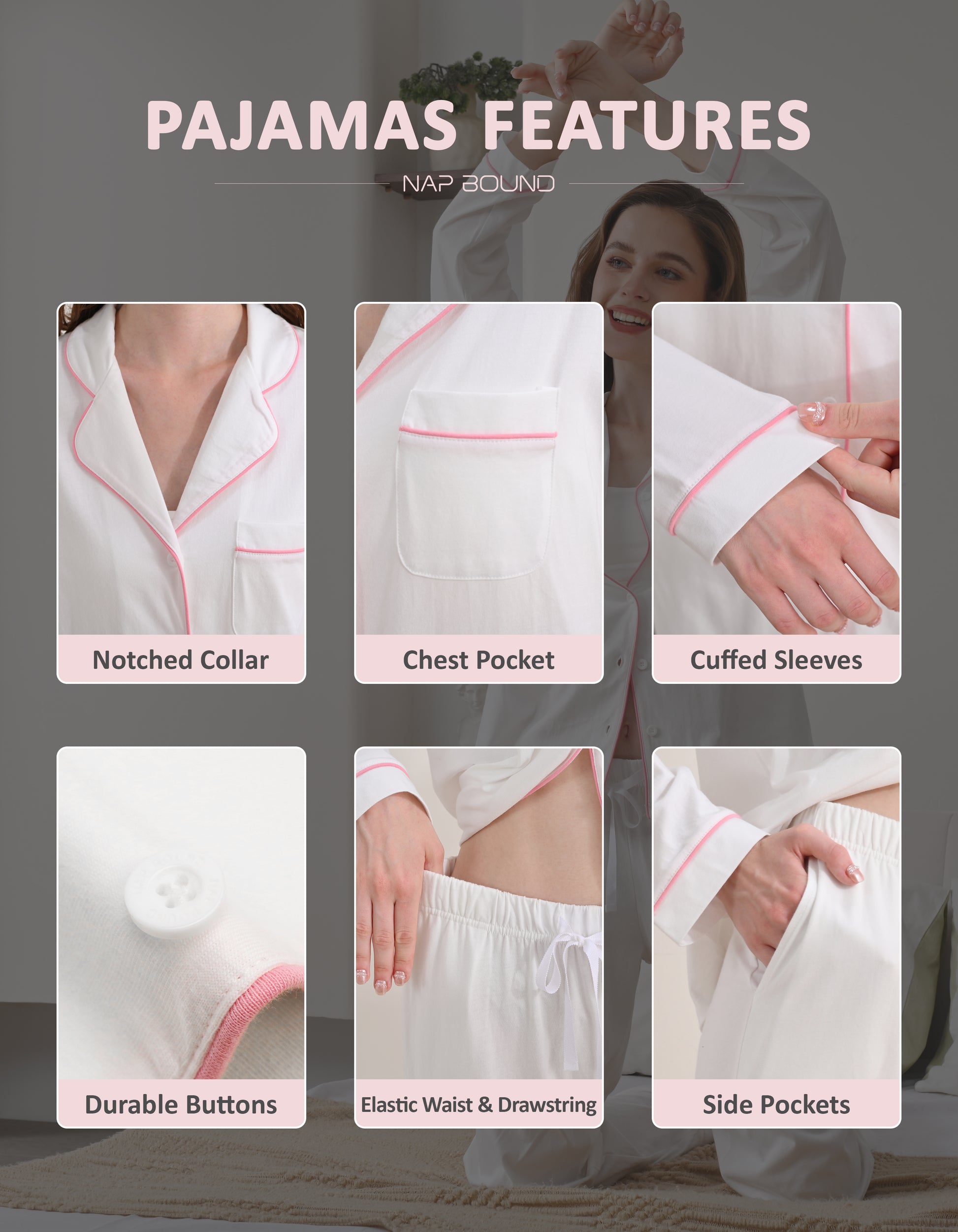 Design details of white knit cotton pajamas including notched collar, chest pocket, cuffed sleeves, and drawstring waist