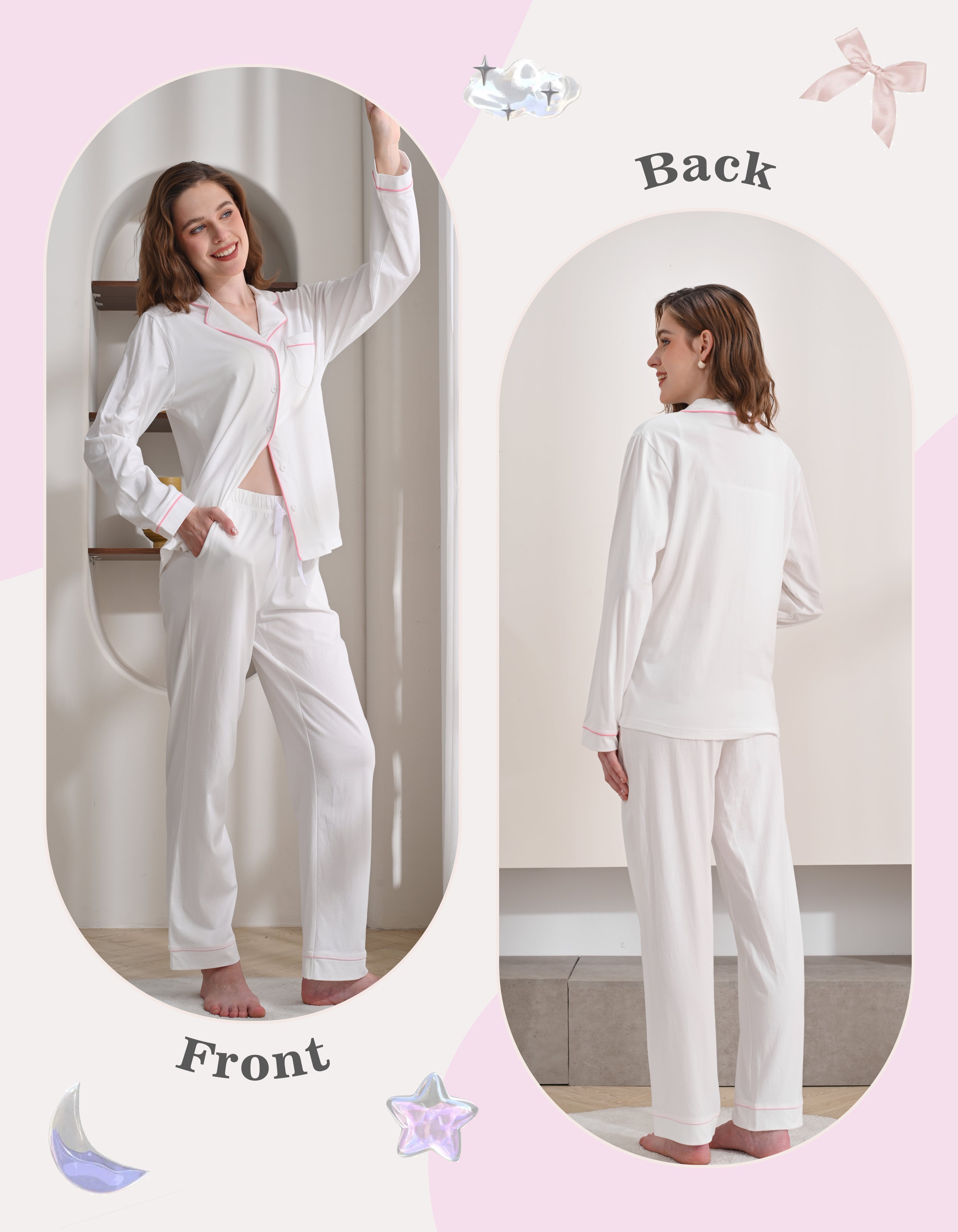 Front and back view comparison of white women’s pajama set