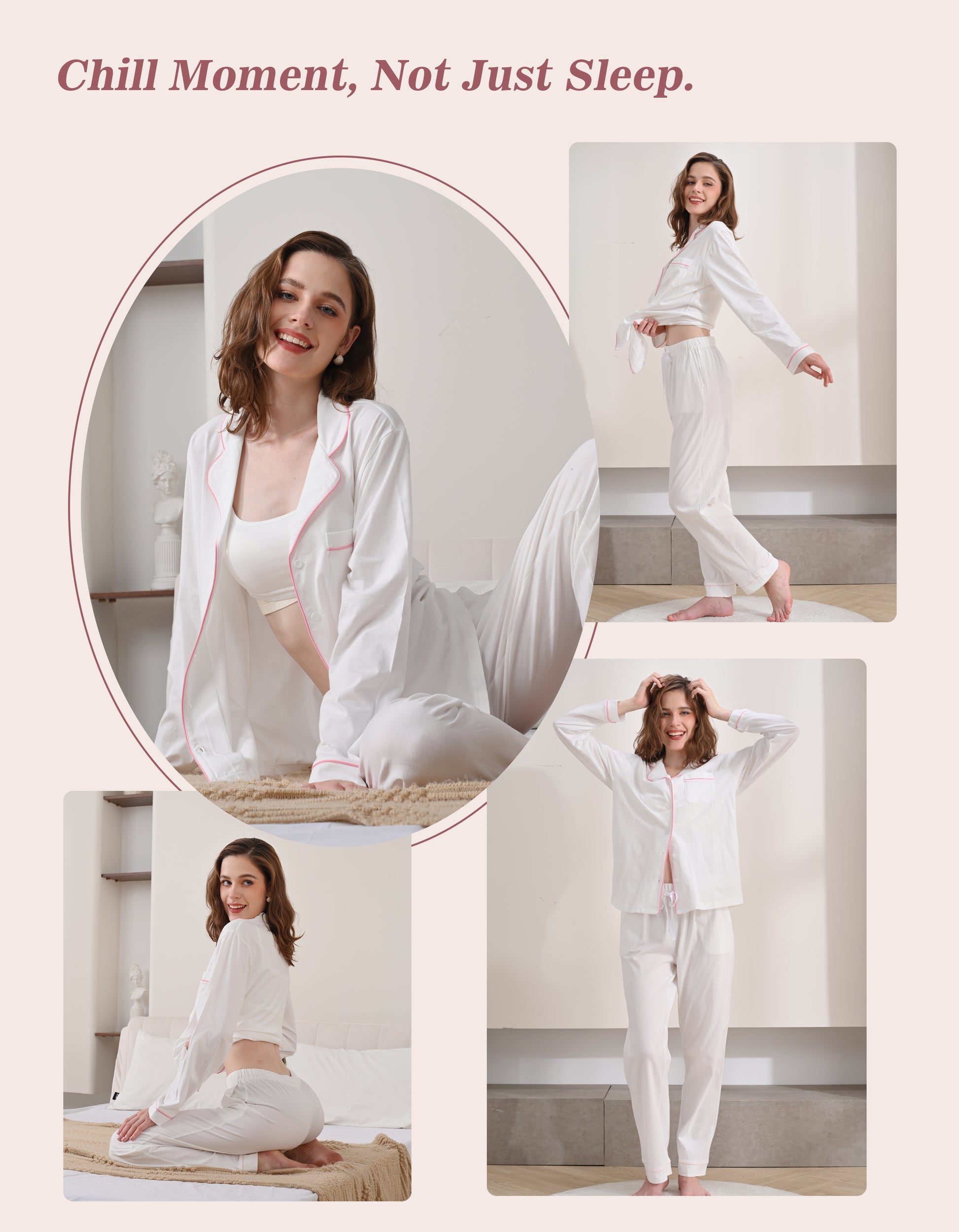 Model wearing white knit cotton pajamas in cozy home and bedroom scenes