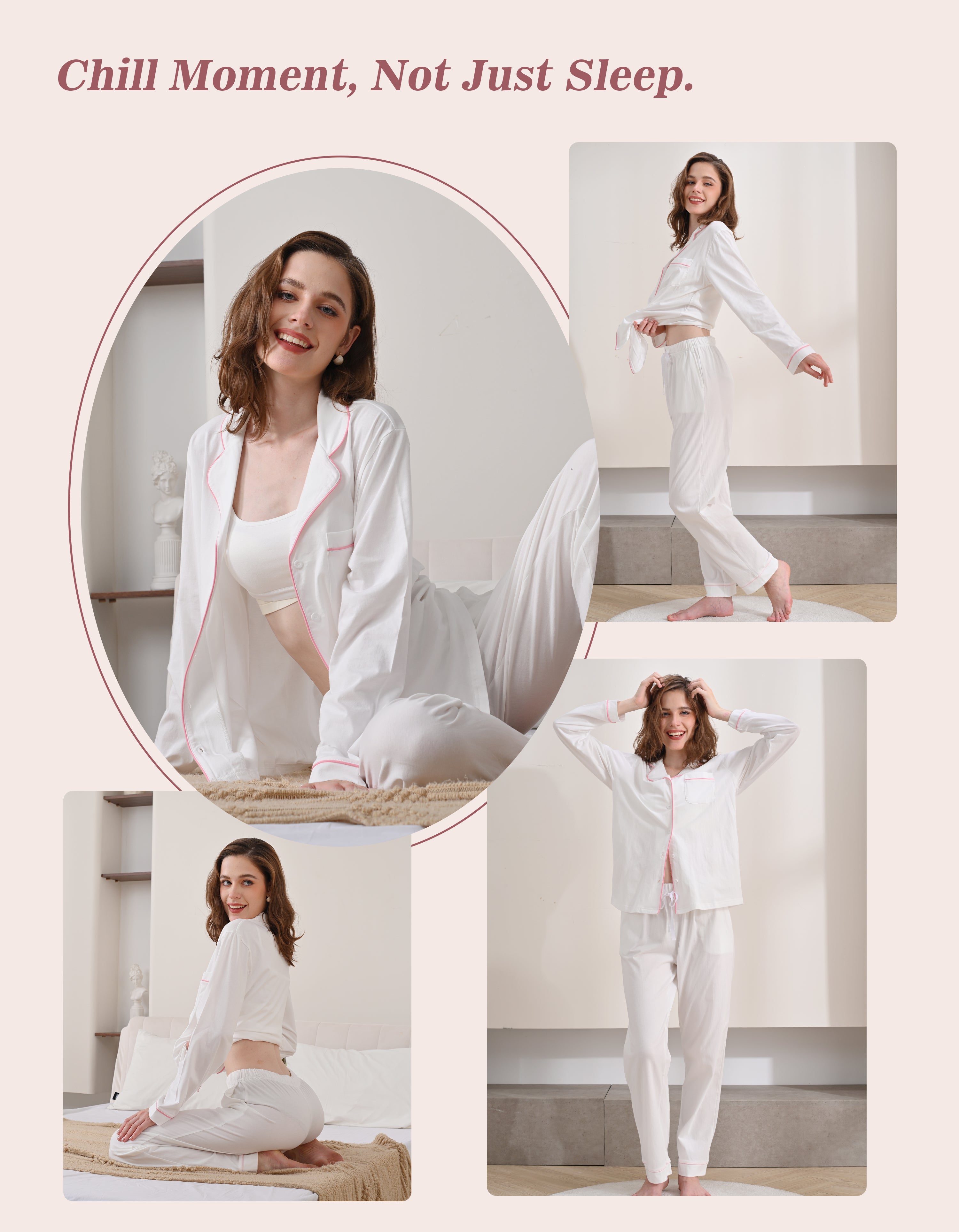 Model wearing white knit cotton pajamas in cozy home and bedroom scenes
