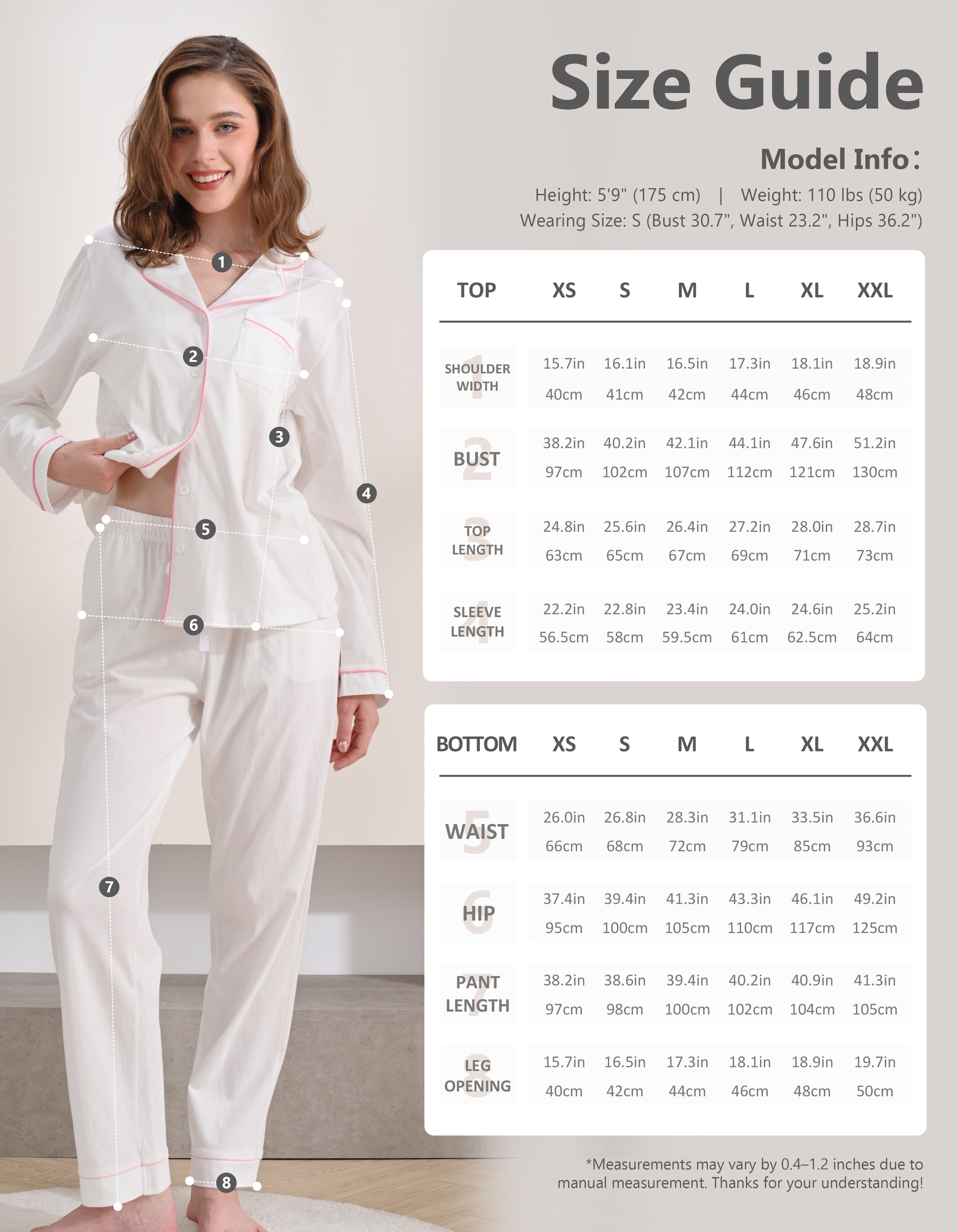 Size chart for women’s white knit cotton pajama set top and pants