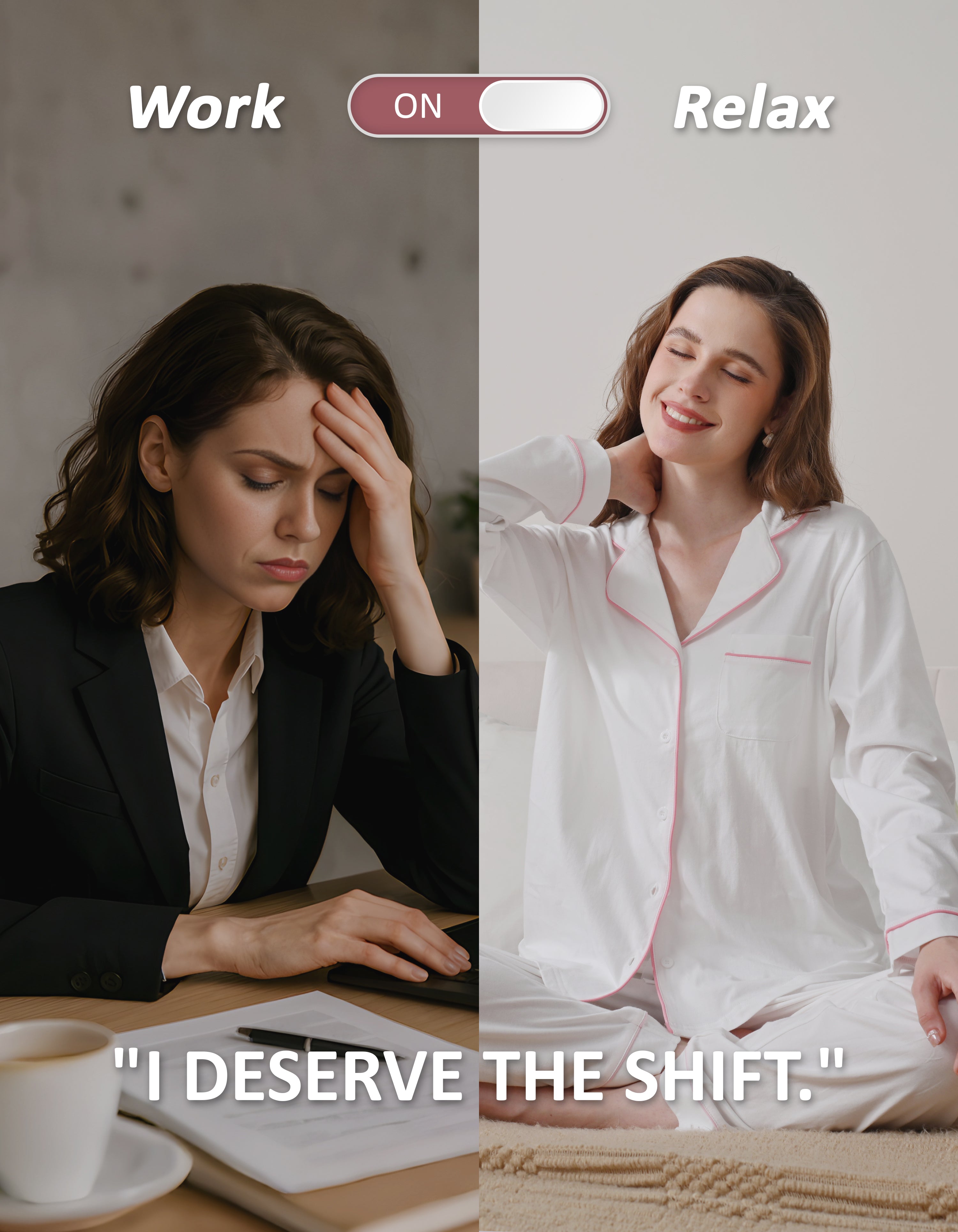 White knit cotton pajamas showing work to relax lifestyle transition