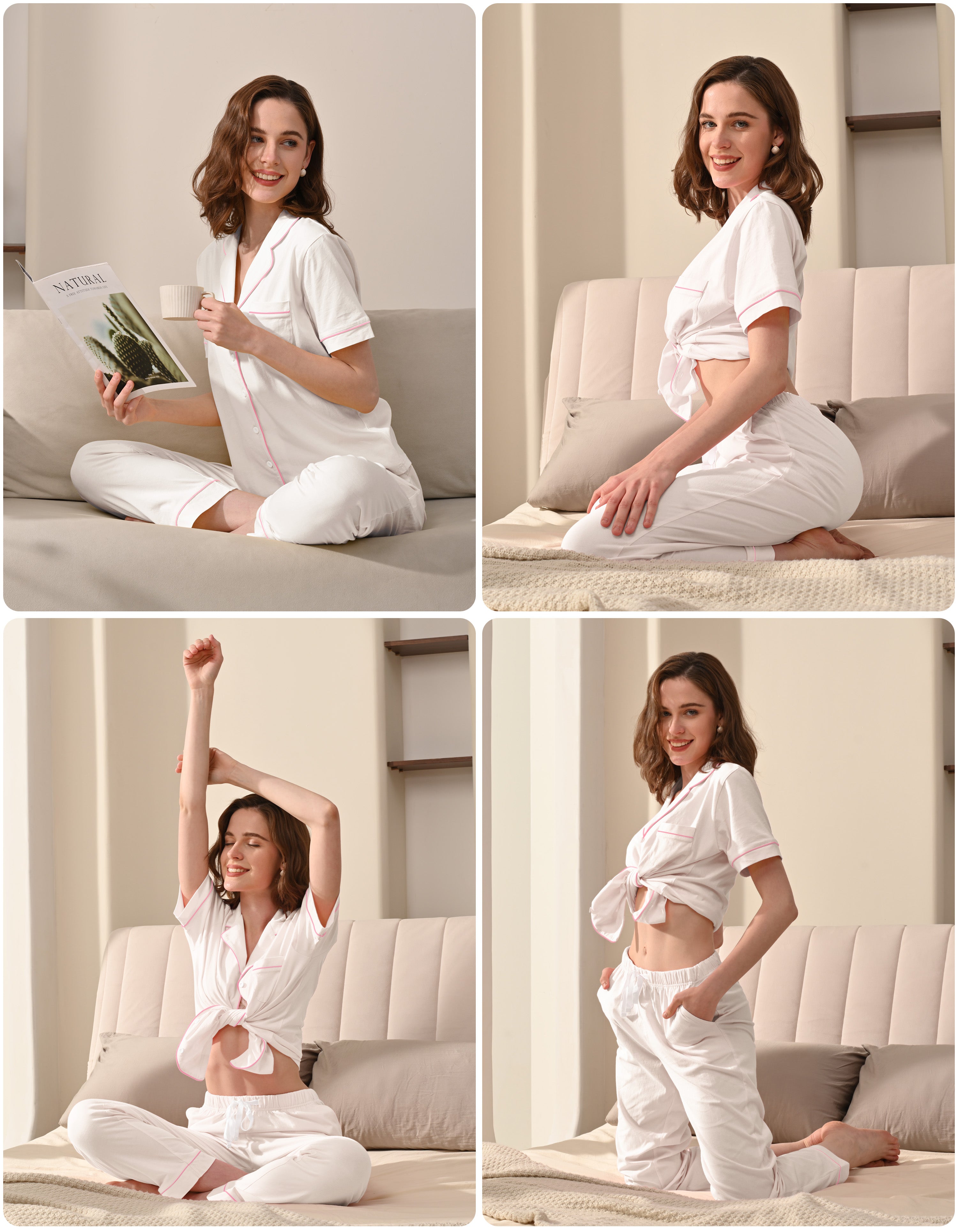 Model wearing white knit cotton pajamas with pink piping in cozy home and bedroom scenes