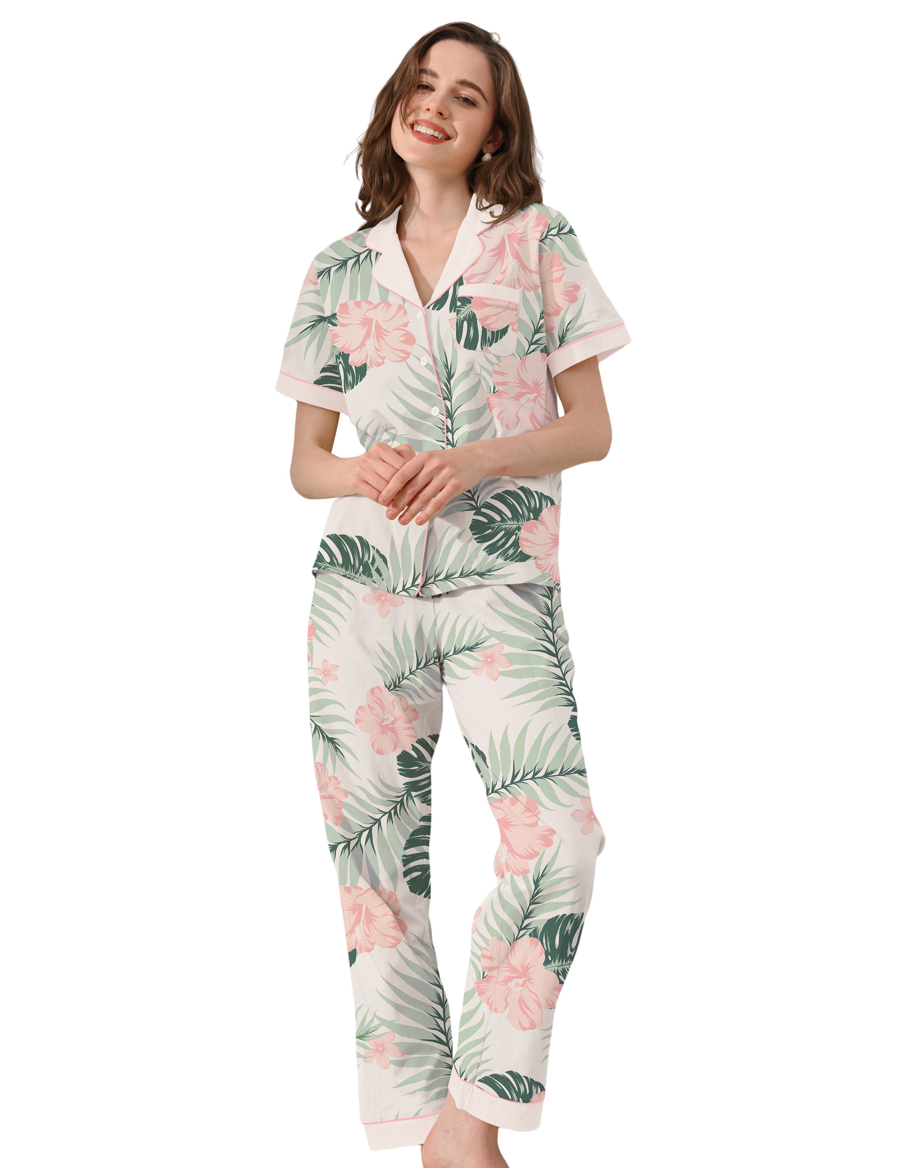 Front view of women’s hibiscus leaf print cotton pajama set with short sleeve top and long pants
