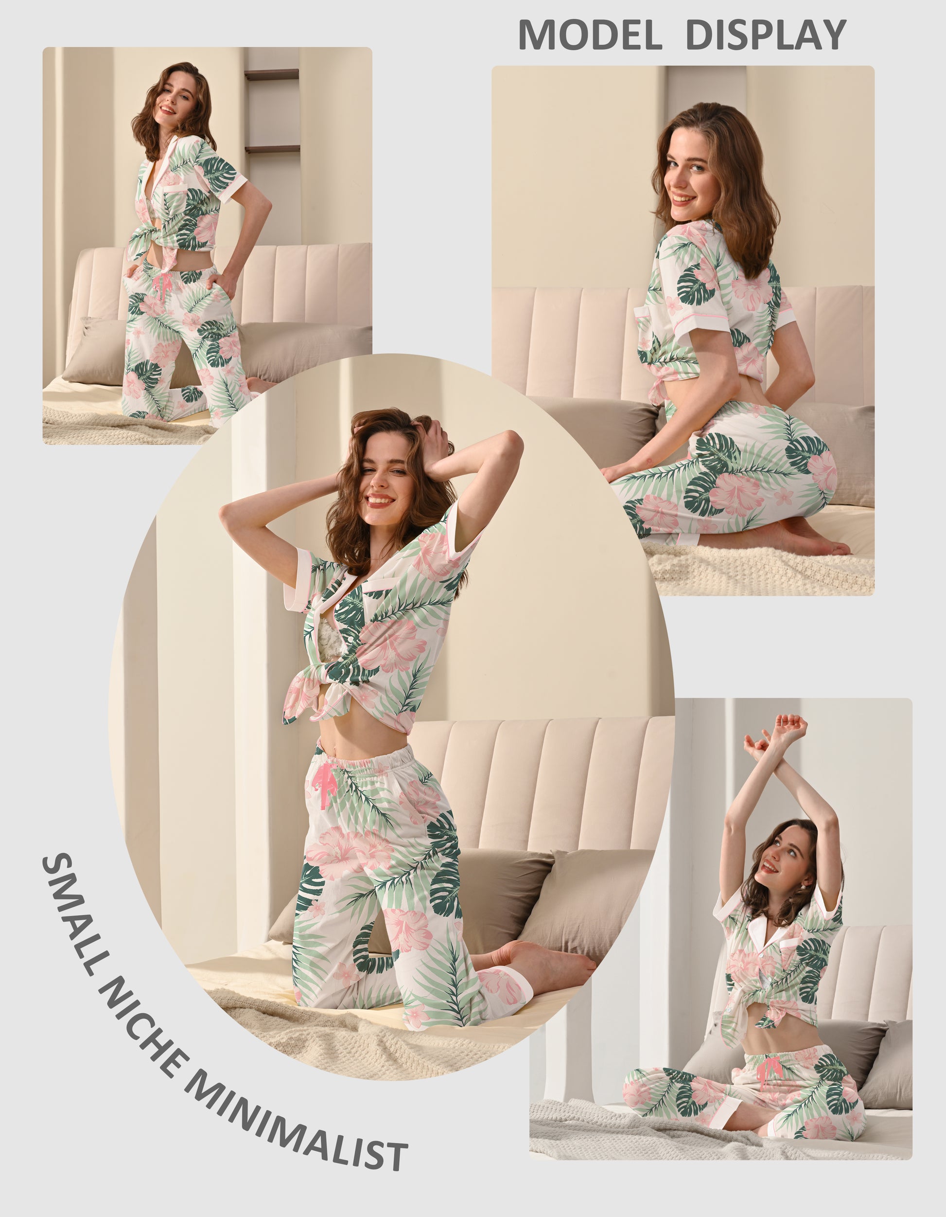 Women wearing hibiscus leaf print cotton pajama set with short sleeve button-down top and long pants