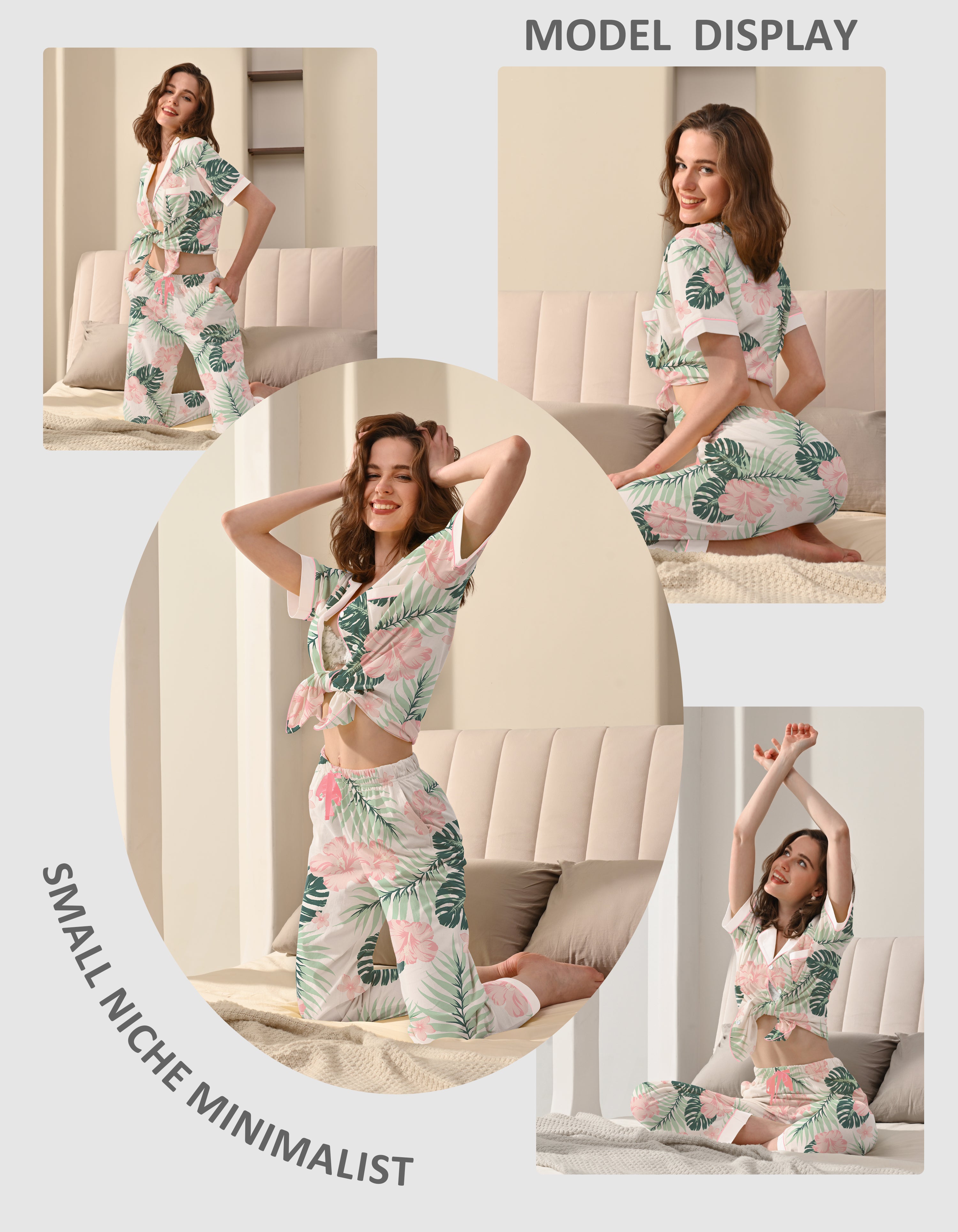 Women wearing hibiscus leaf print cotton pajama set with short sleeve button-down top and long pants
