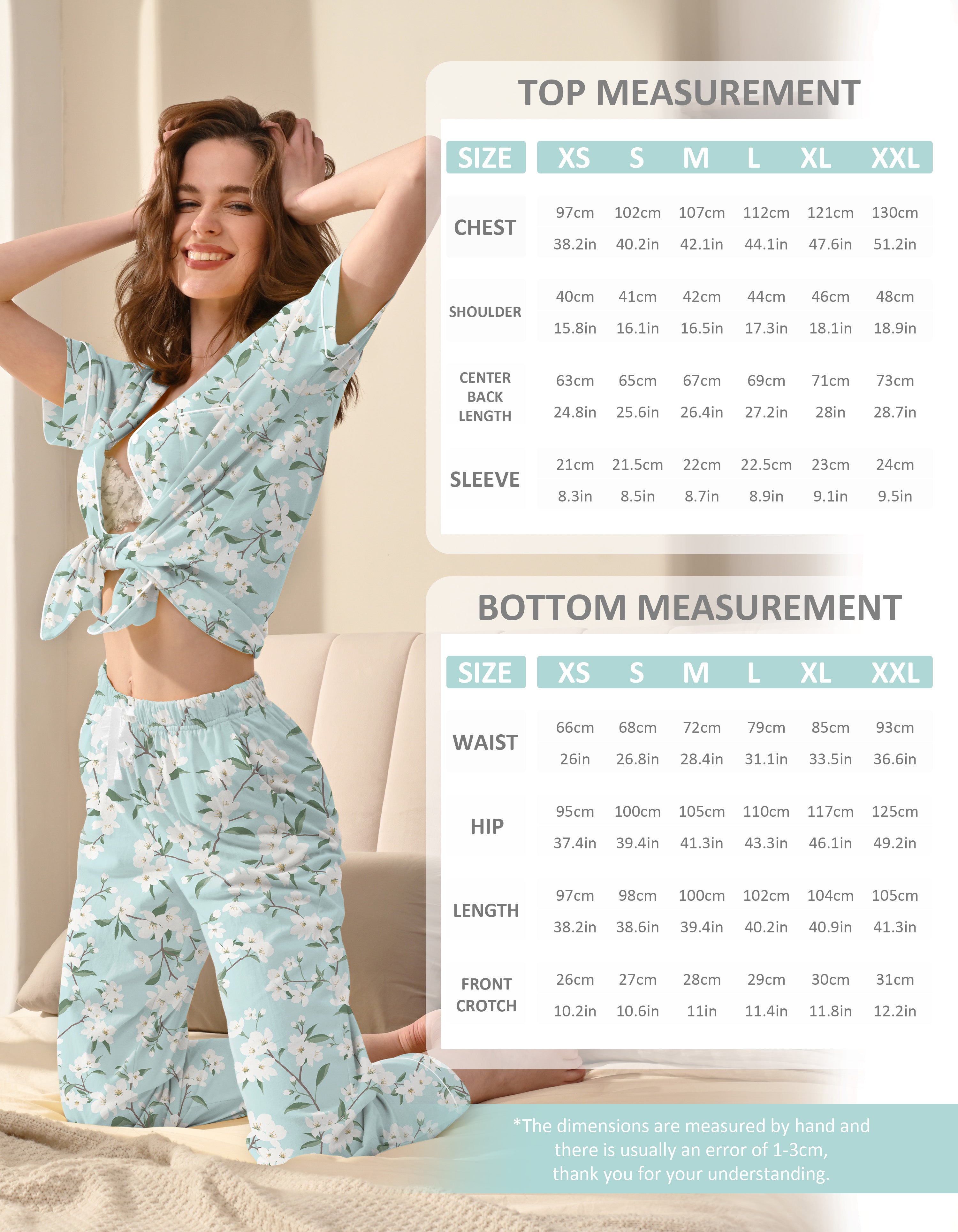 Women’s cotton pajama size chart for short sleeve top and long pants