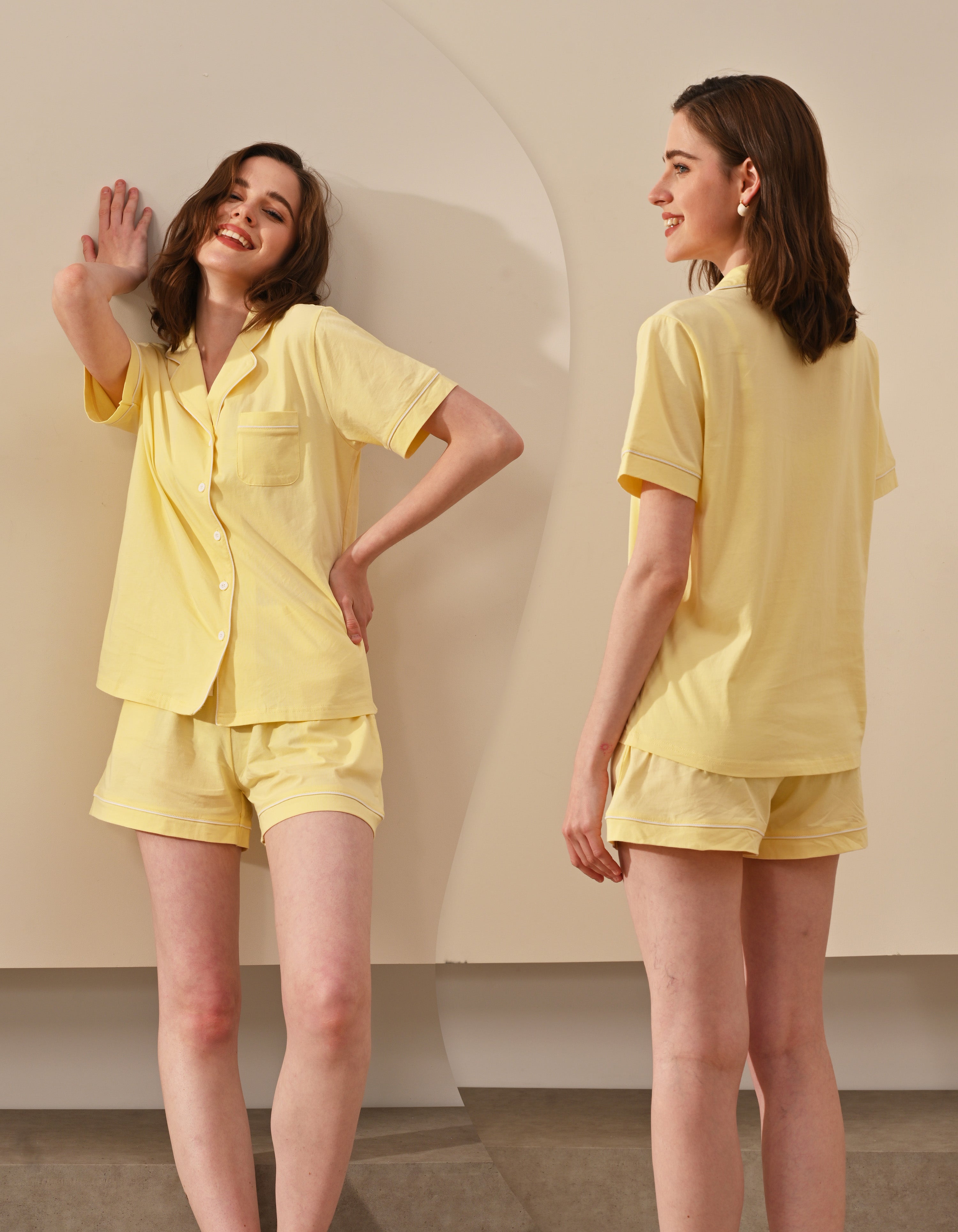 women cotton pajama set short sleeve front and back view