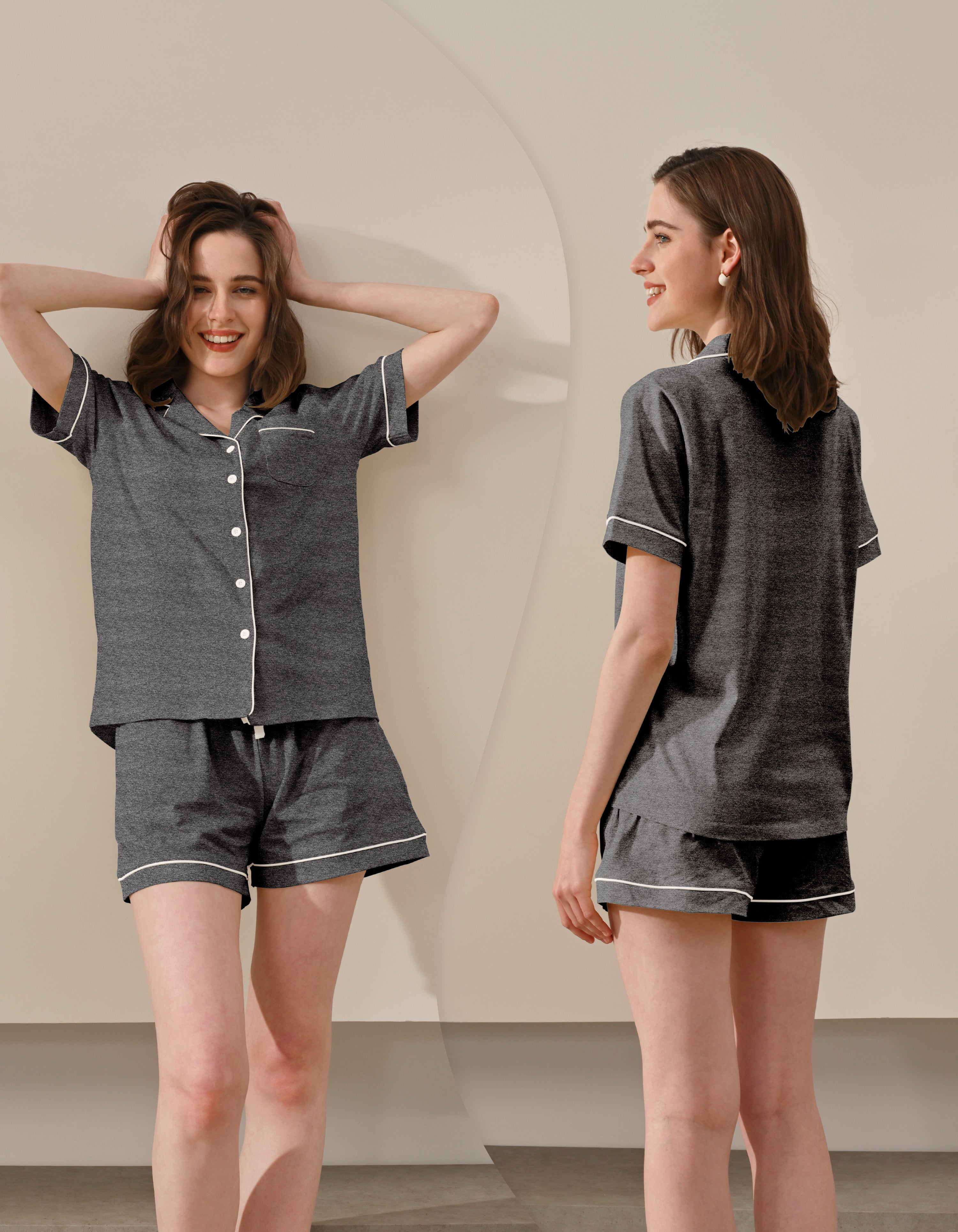 women cotton pajama set short sleeve front and back view
