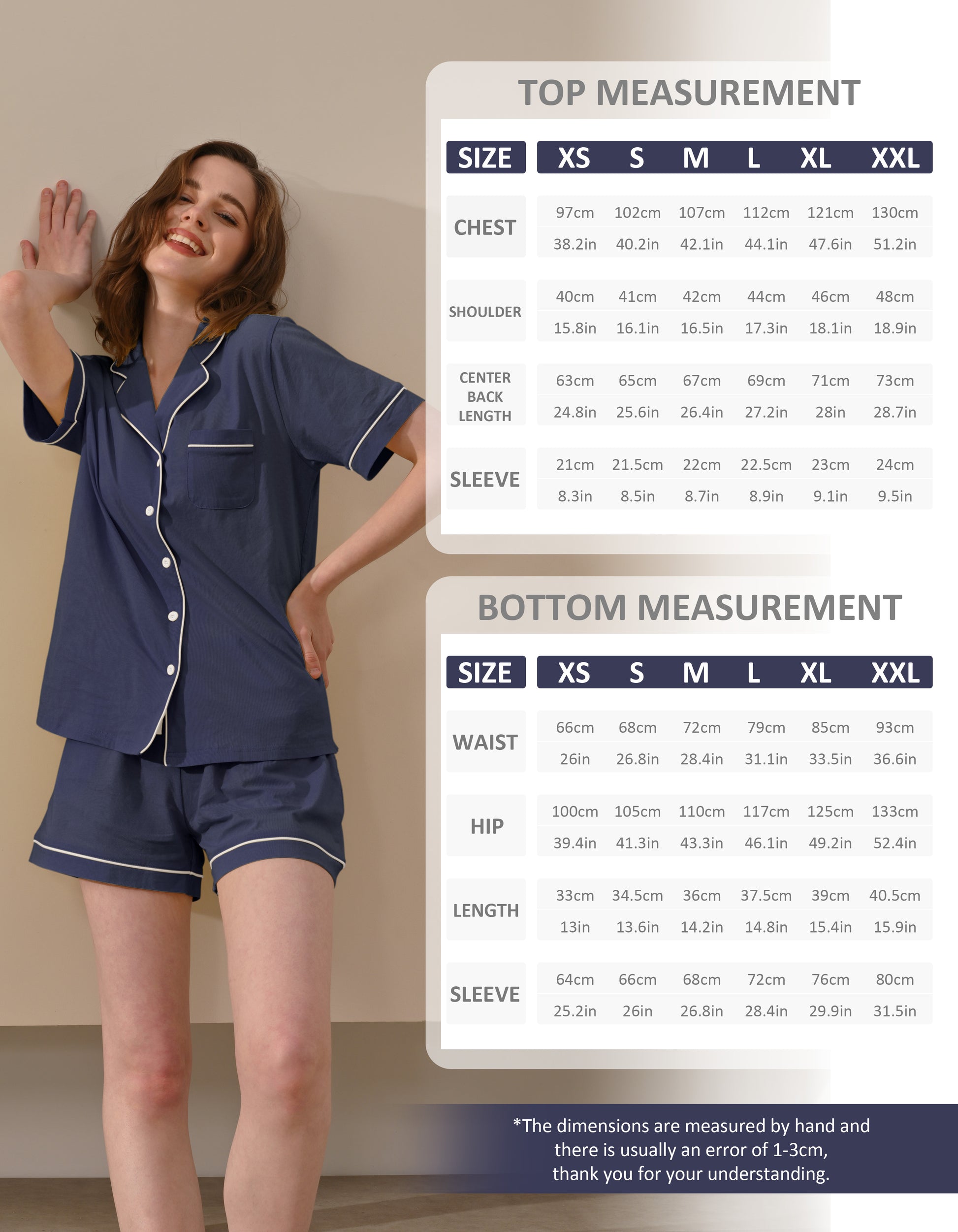 women cotton pajama set size chart XS S M L XL XXL