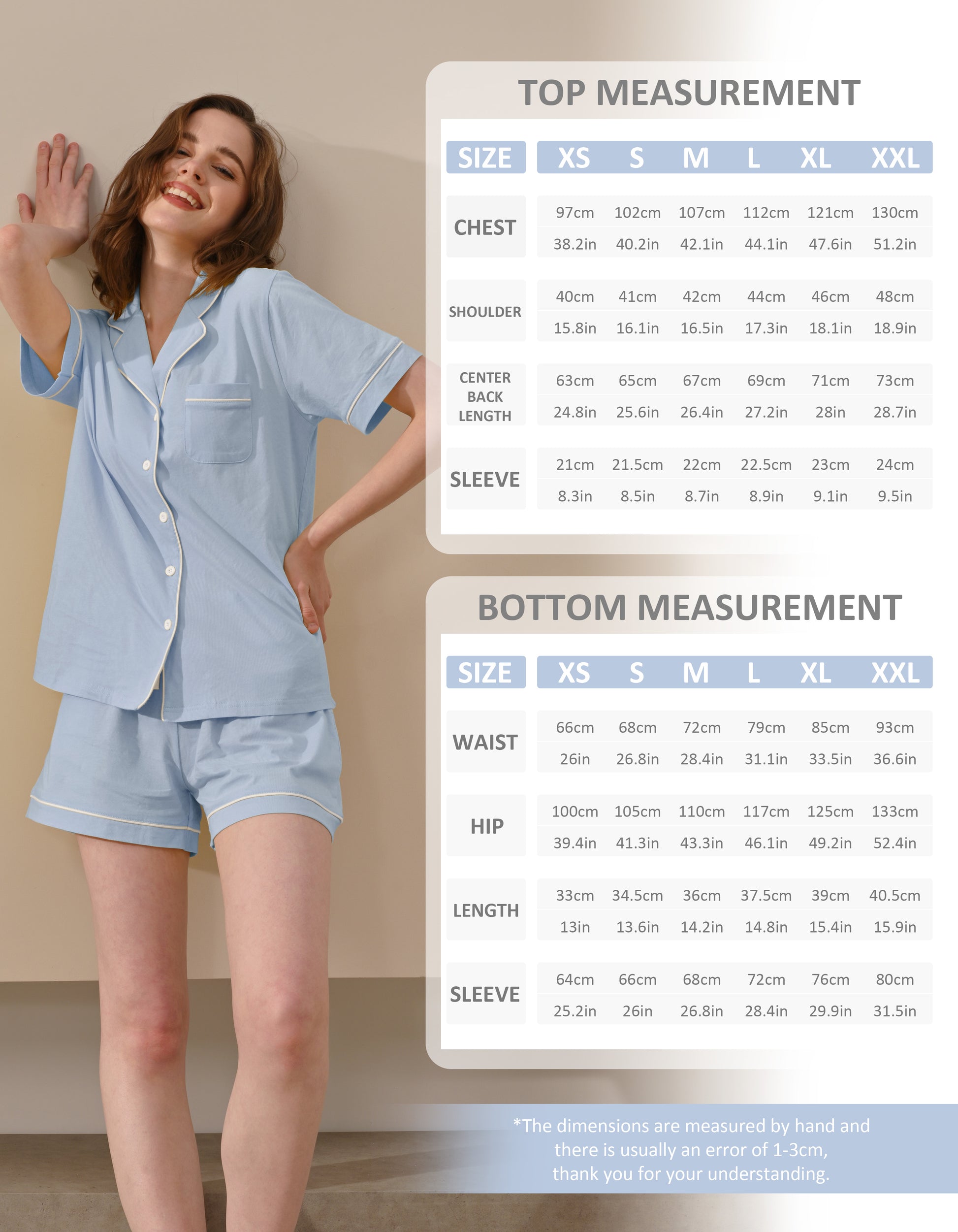 women cotton pajama set size chart XS S M L XL XXL