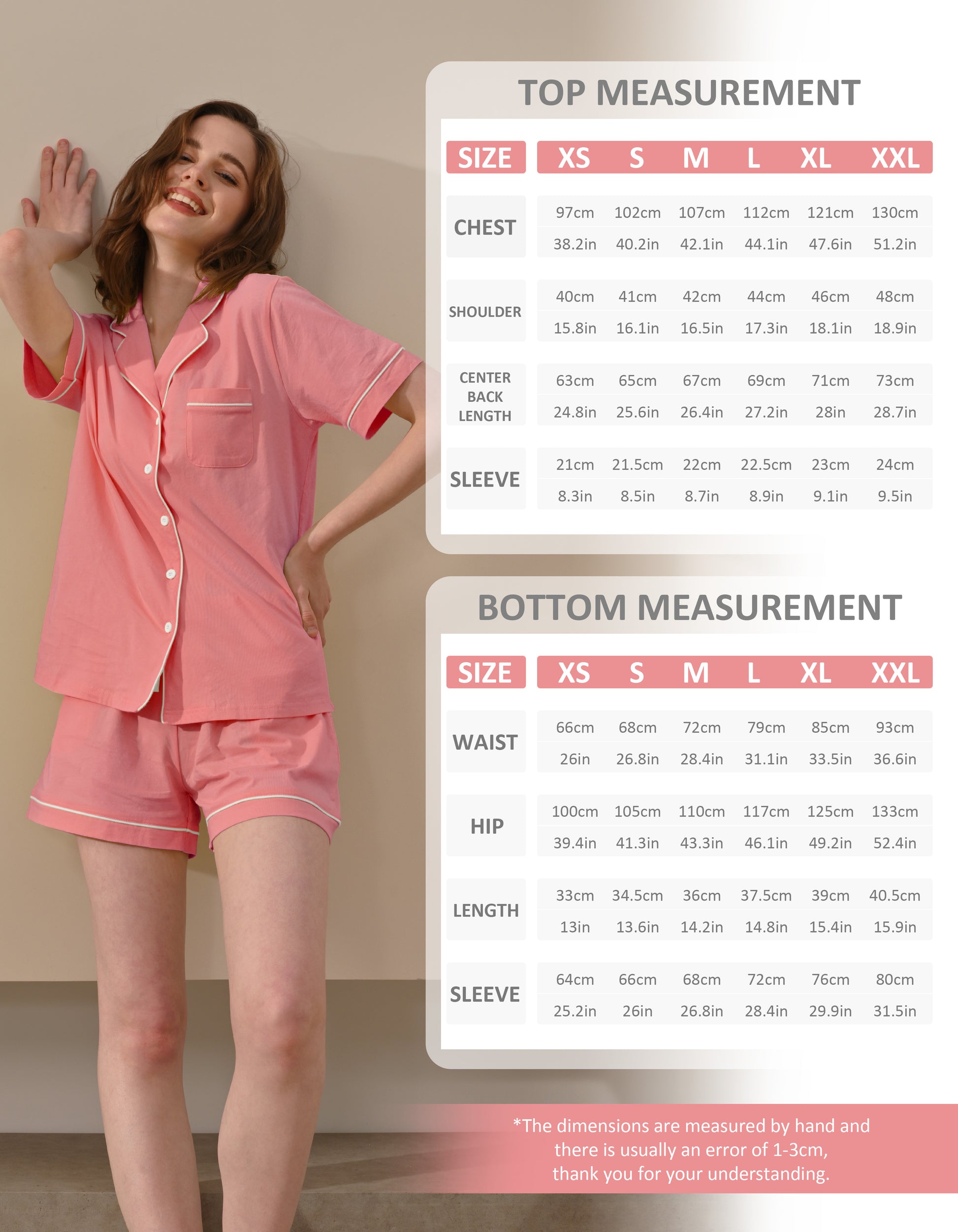 women cotton pajama set size chart XS S M L XL XXL