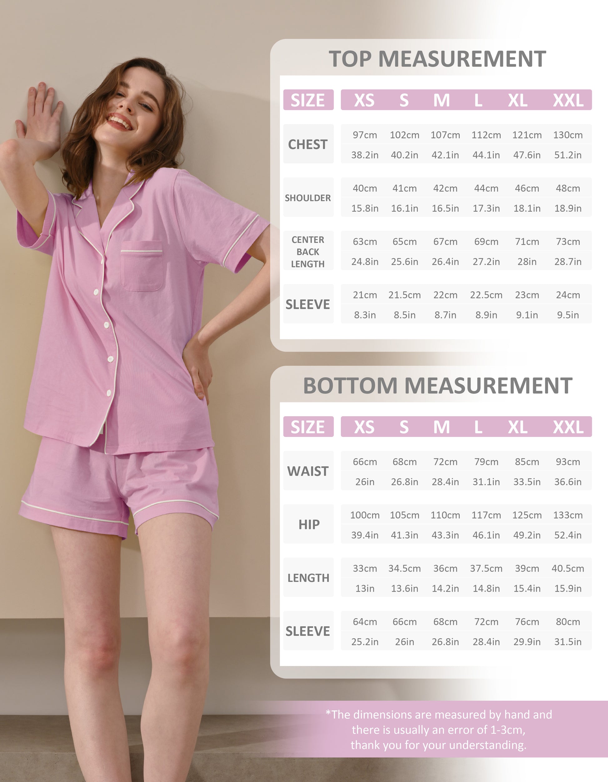 women cotton pajama set size chart XS S M L XL XXL