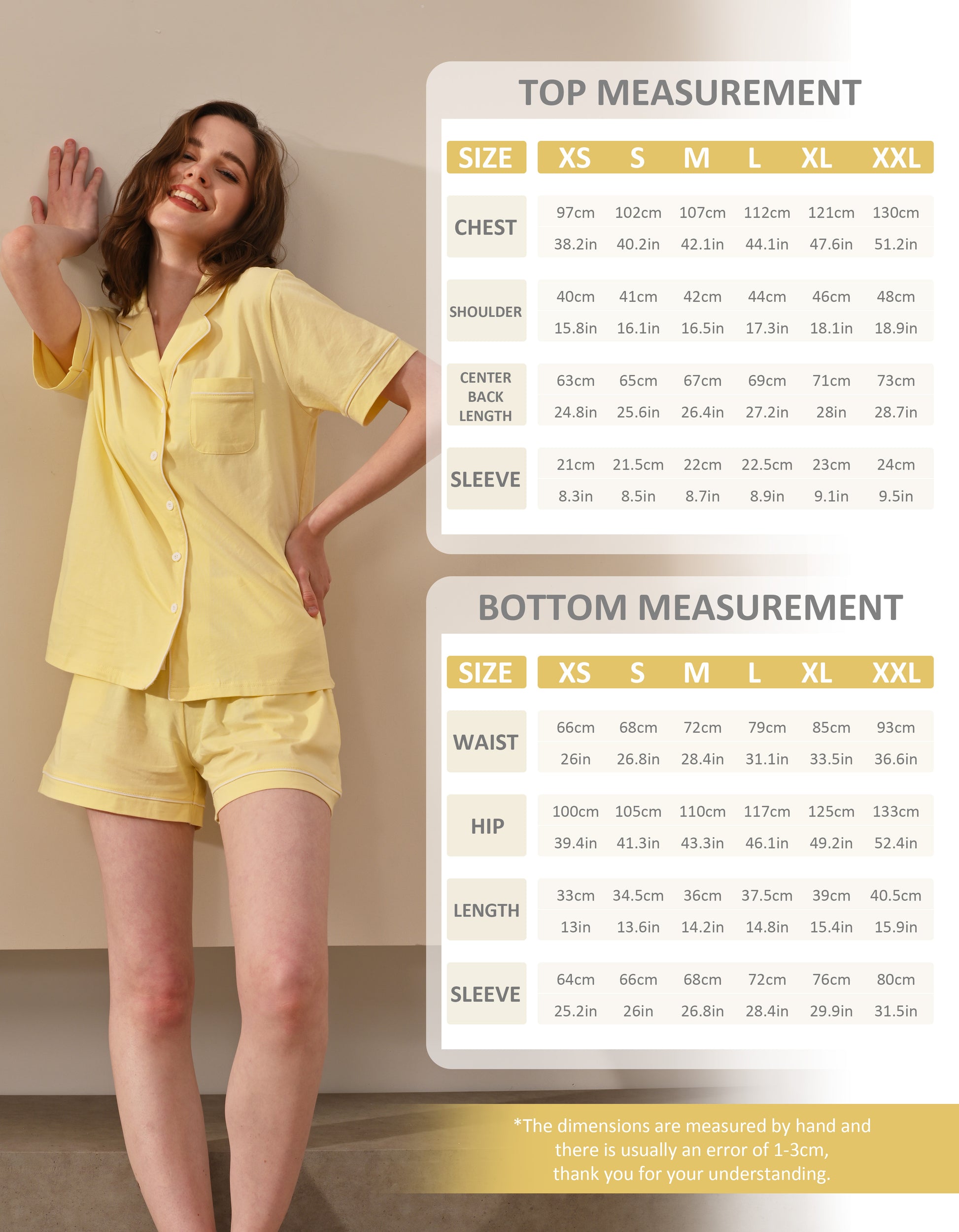 women cotton pajama set size chart XS S M L XL XXL