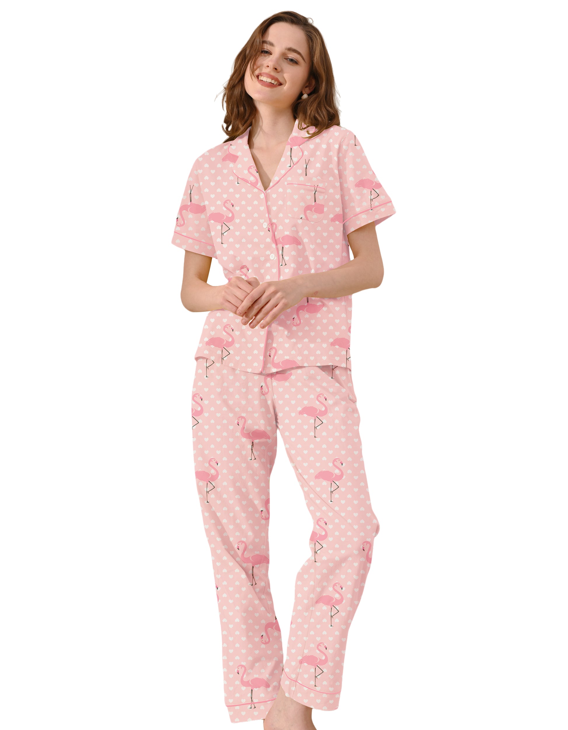Women wearing pink flamingo print cotton pajama set with short sleeve button-down top and long pants