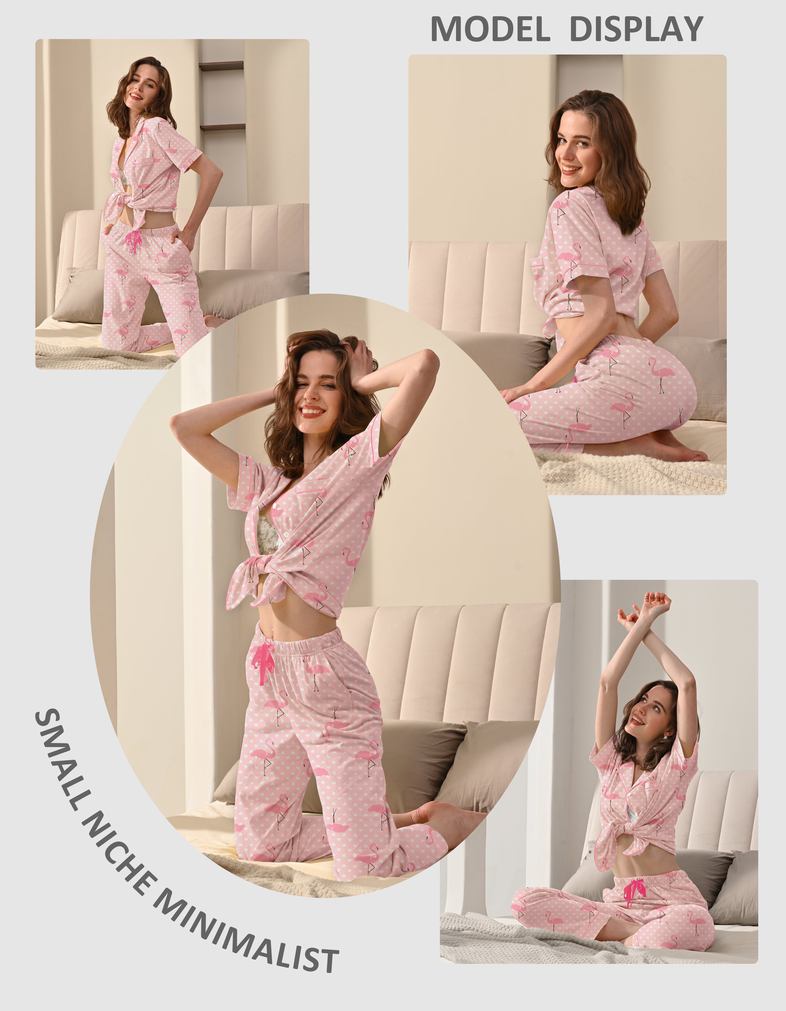 Women lounging at home wearing flamingo print cotton pajamas for sleep and casual loungewear
