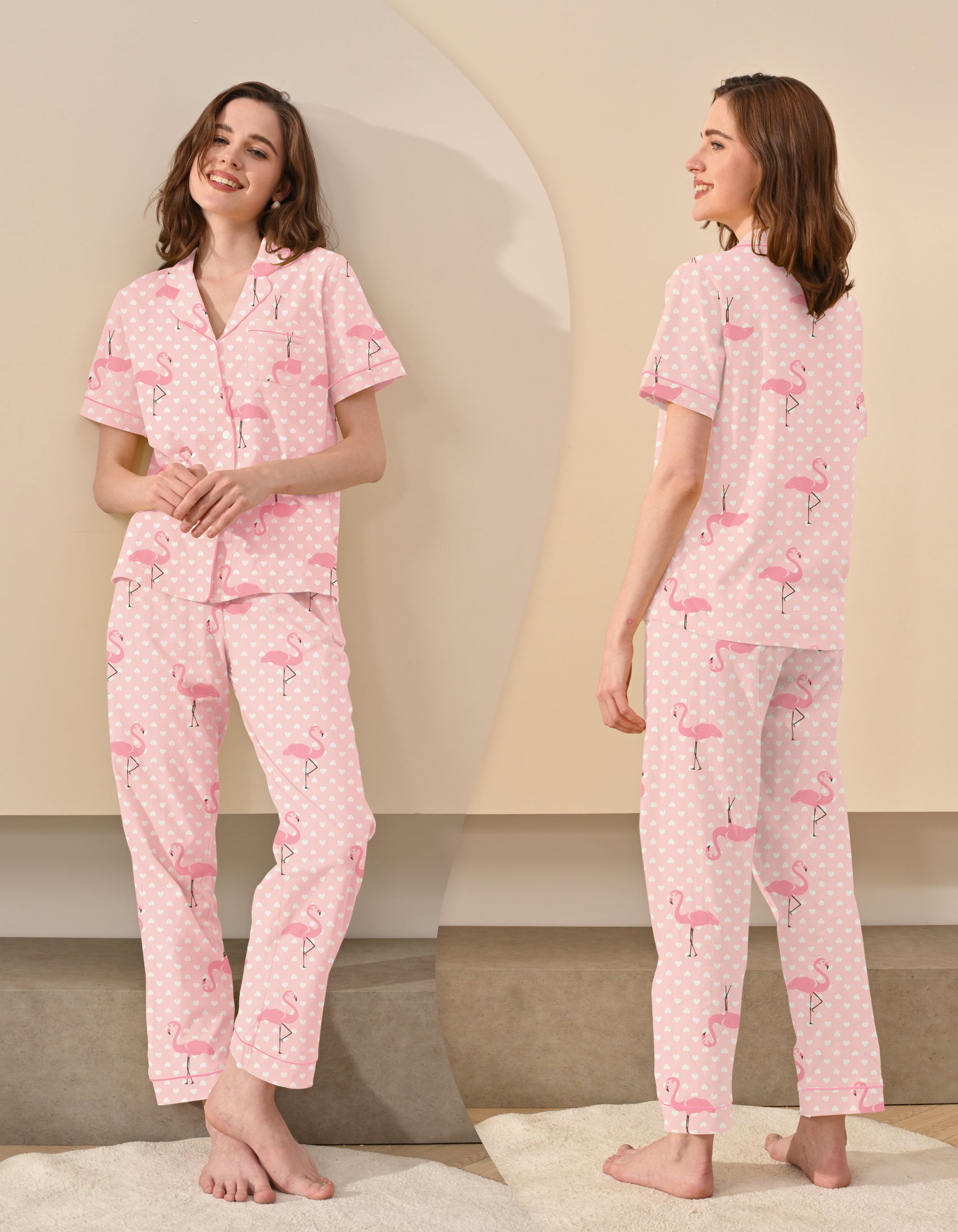 Front and back view of women’s flamingo print cotton pajama set with short sleeve top and long pants