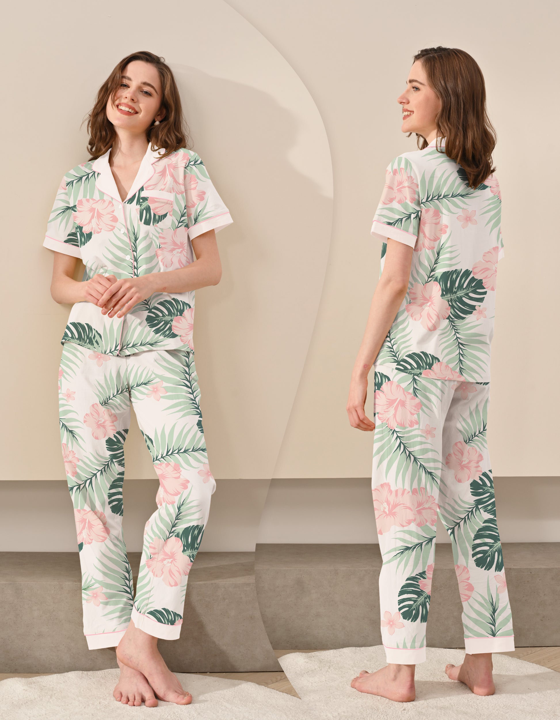 Front and back view of women’s hibiscus leaf print cotton pajama set
