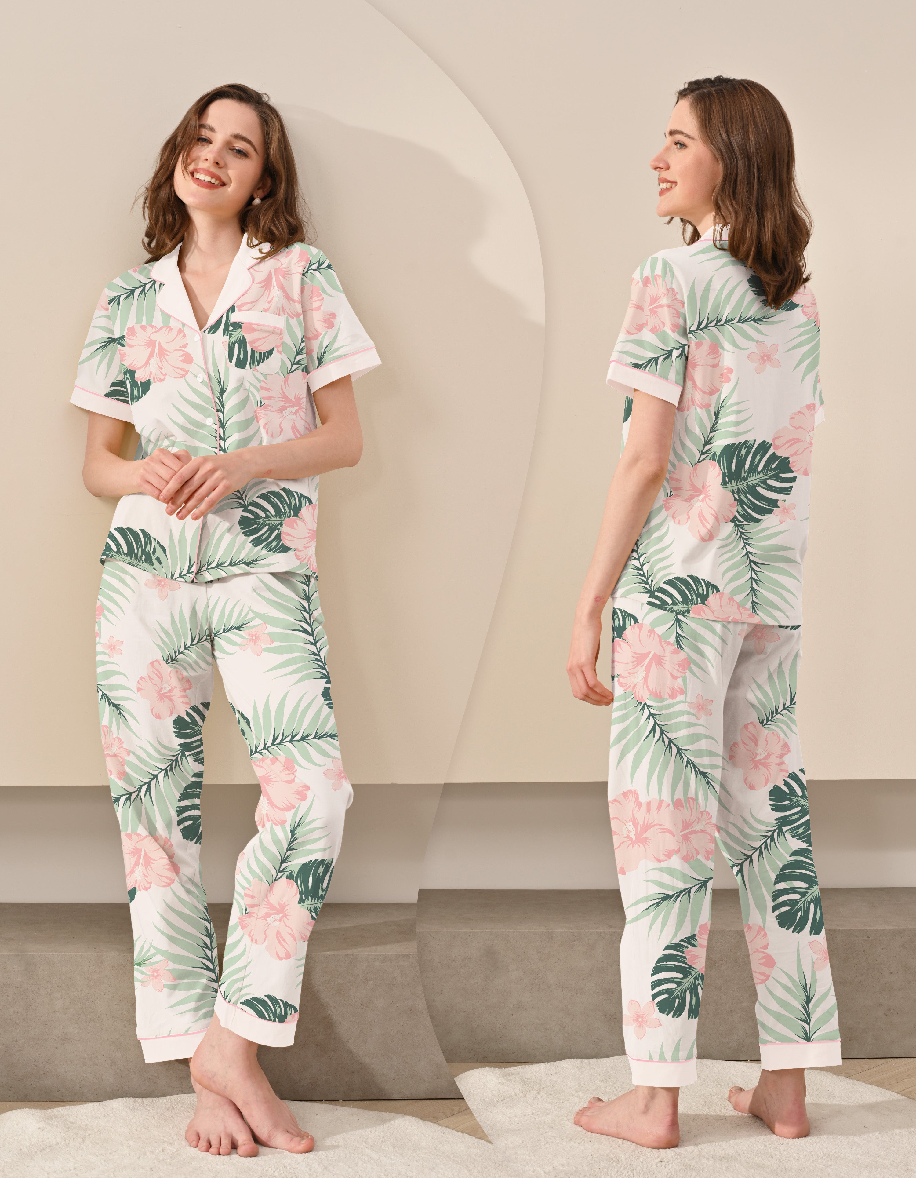 Front and back view of women’s hibiscus leaf print cotton pajama set