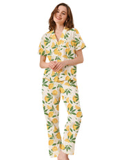 Women’s lemon print cotton pajama set with short sleeve button-down top and long pants