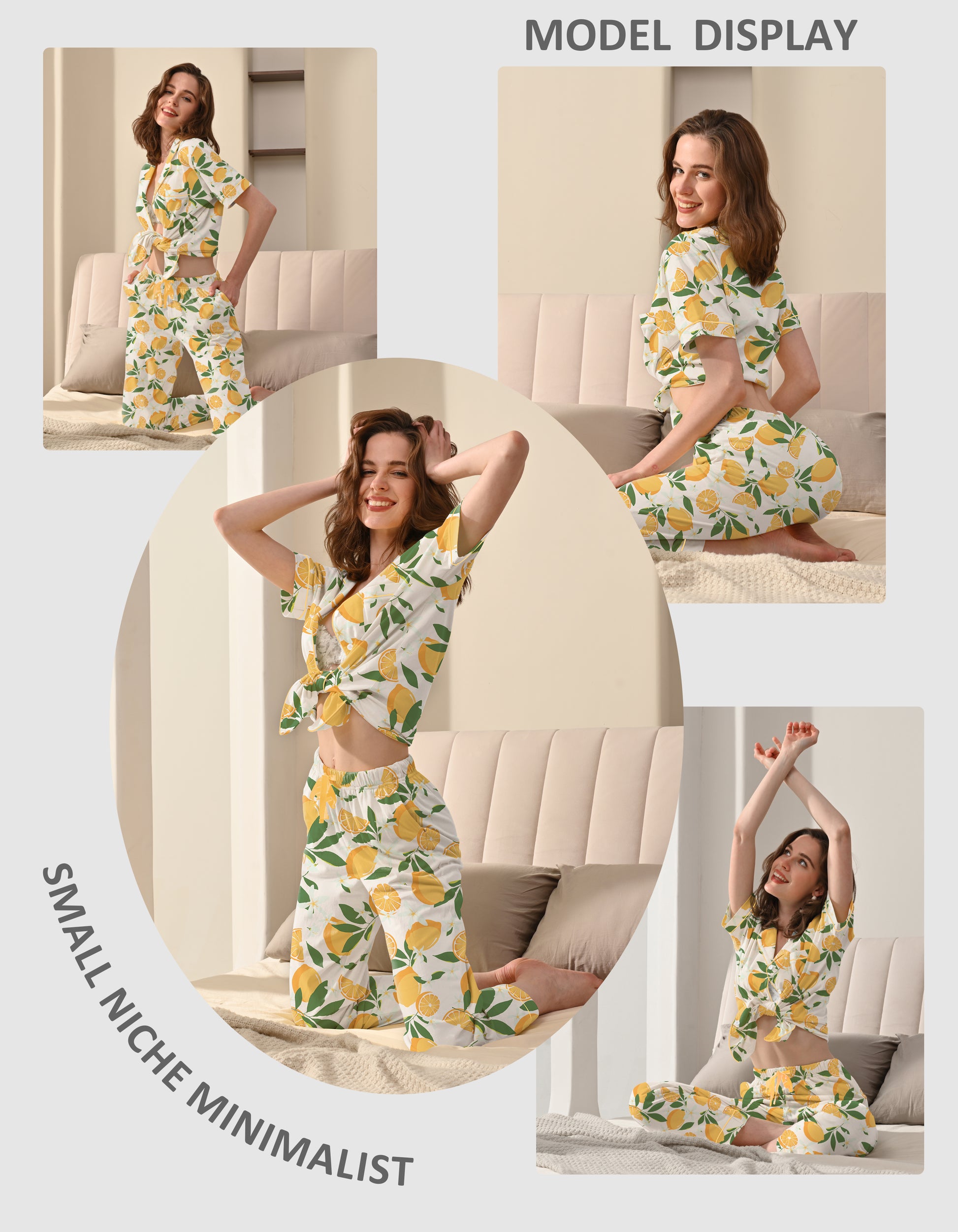Woman wearing lemon print cotton pajamas for sleep and loungewear