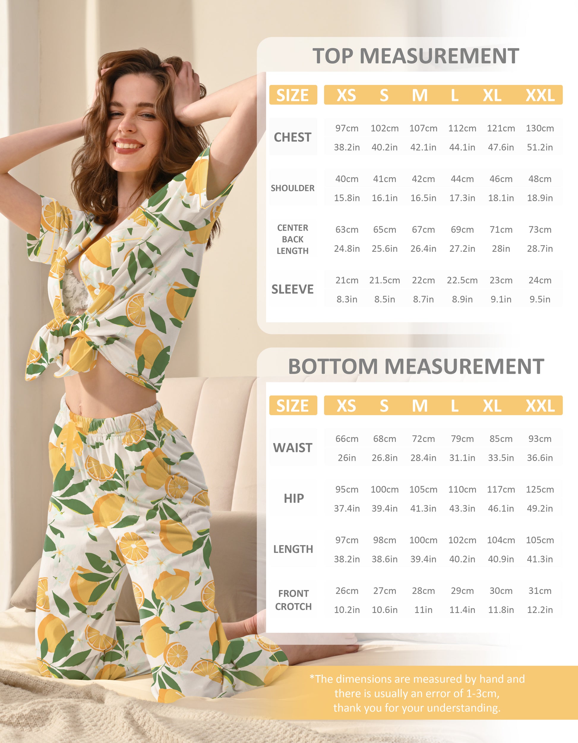 Size chart for women’s lemon print cotton pajama set