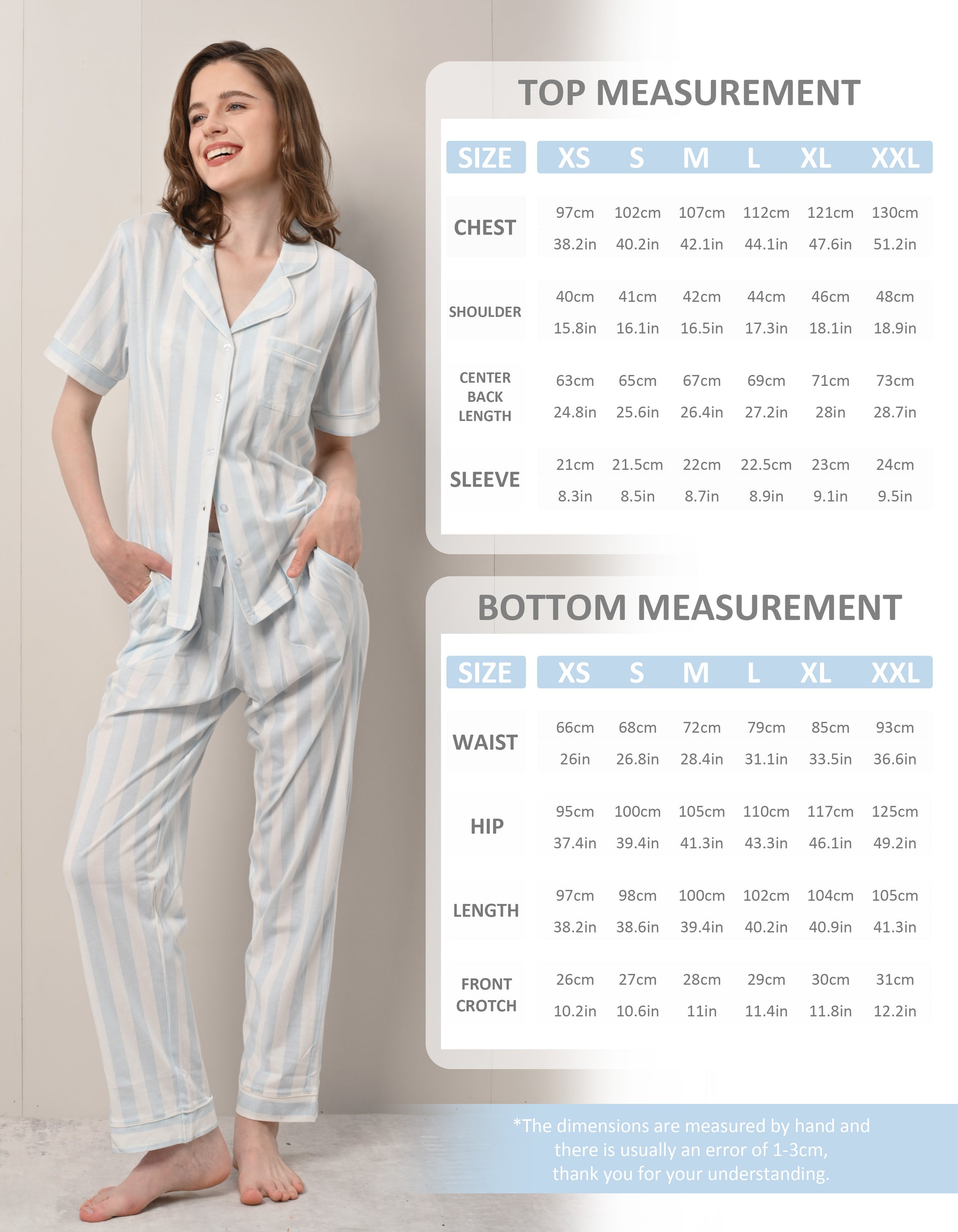 Size chart with top and bottom measurements for women’s light blue striped cotton pajama set XS to XXL