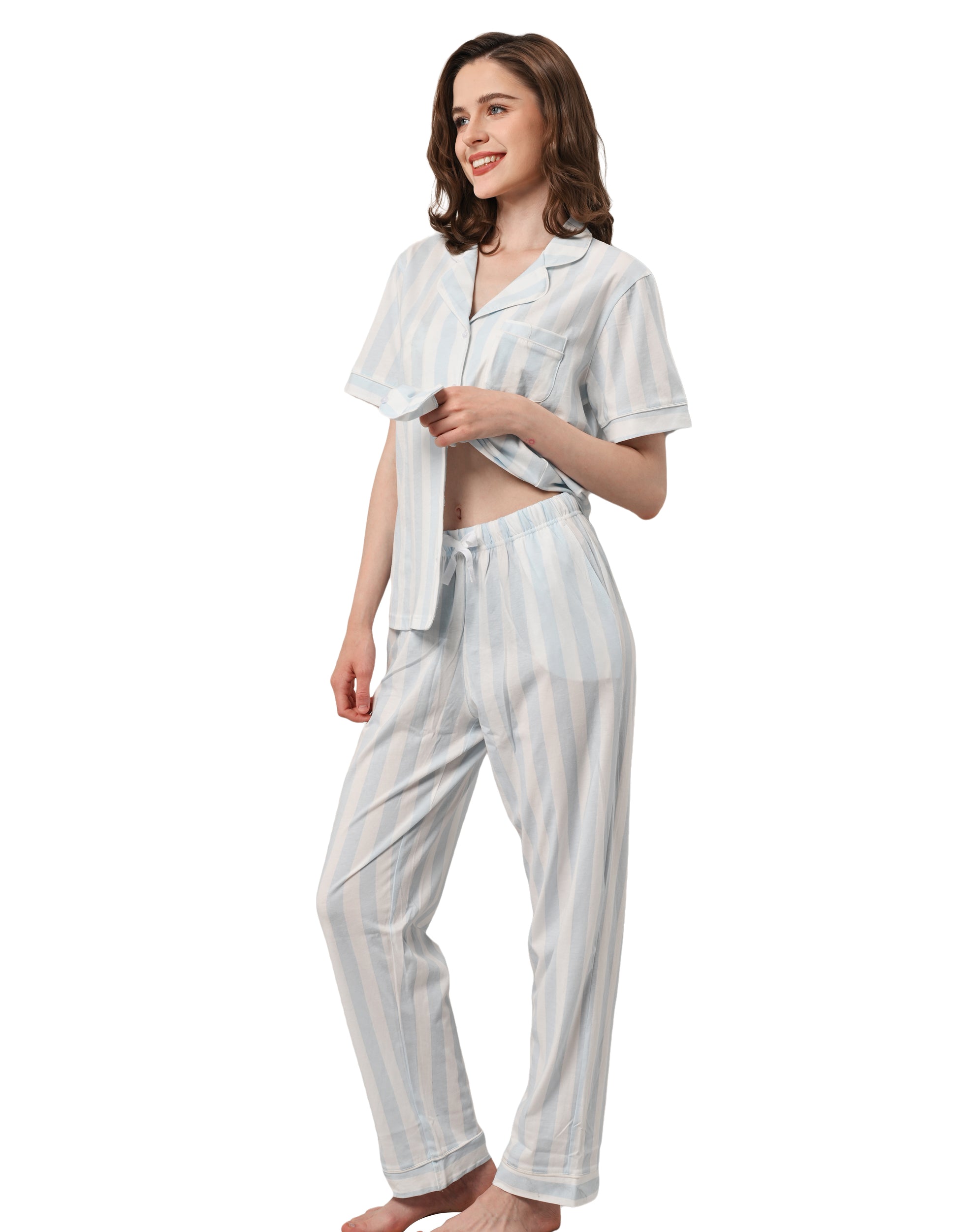 Women’s light blue vertical stripe cotton pajama set with short sleeve button-down top and long pants on white background