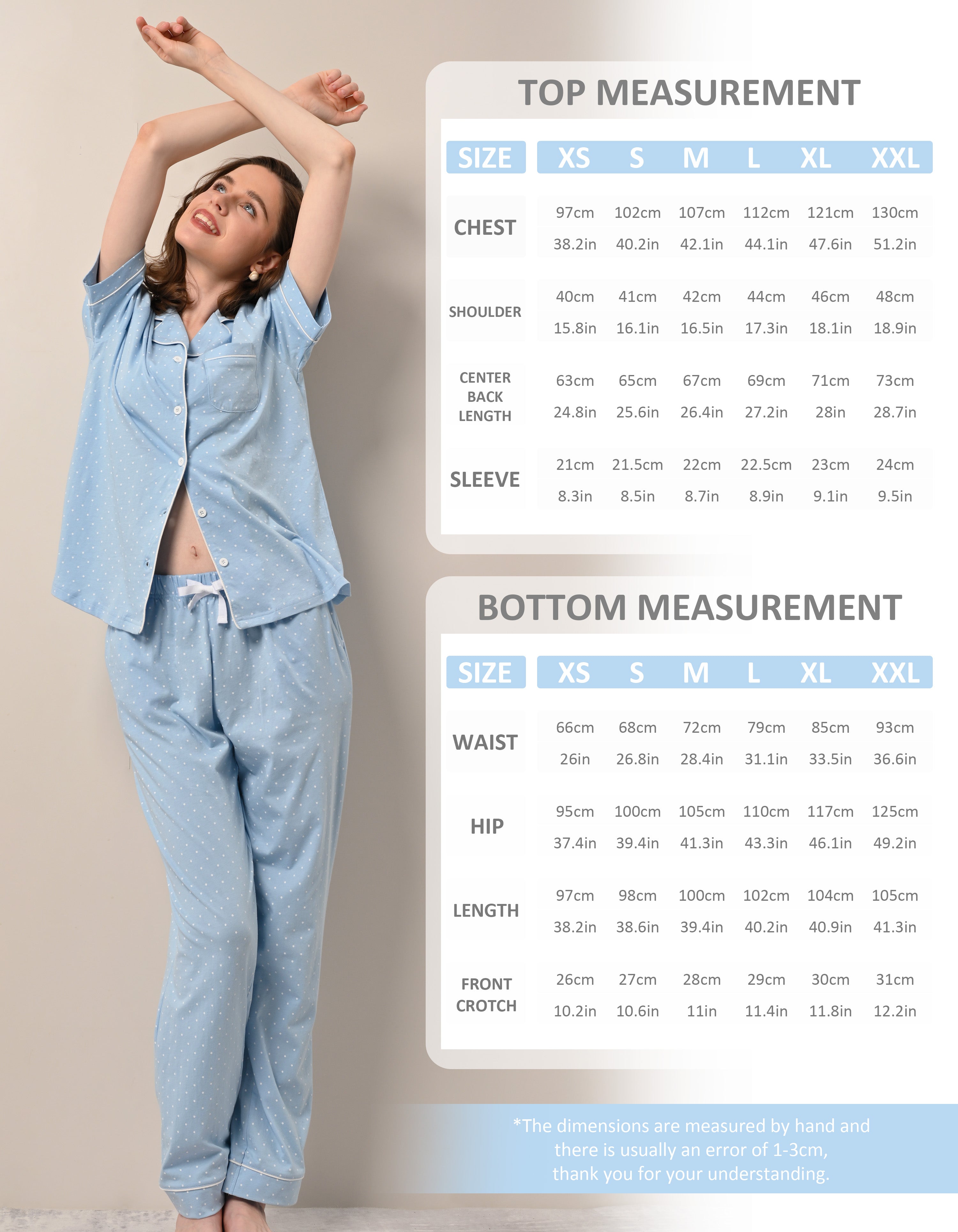 women cotton pajama set size chart short sleeve long pants
