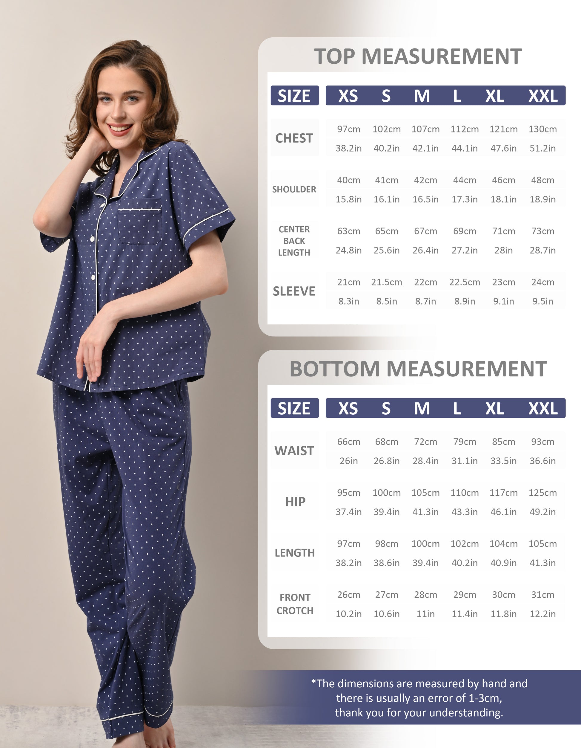 Women’s pajama size chart for short sleeve top and long pants measurements