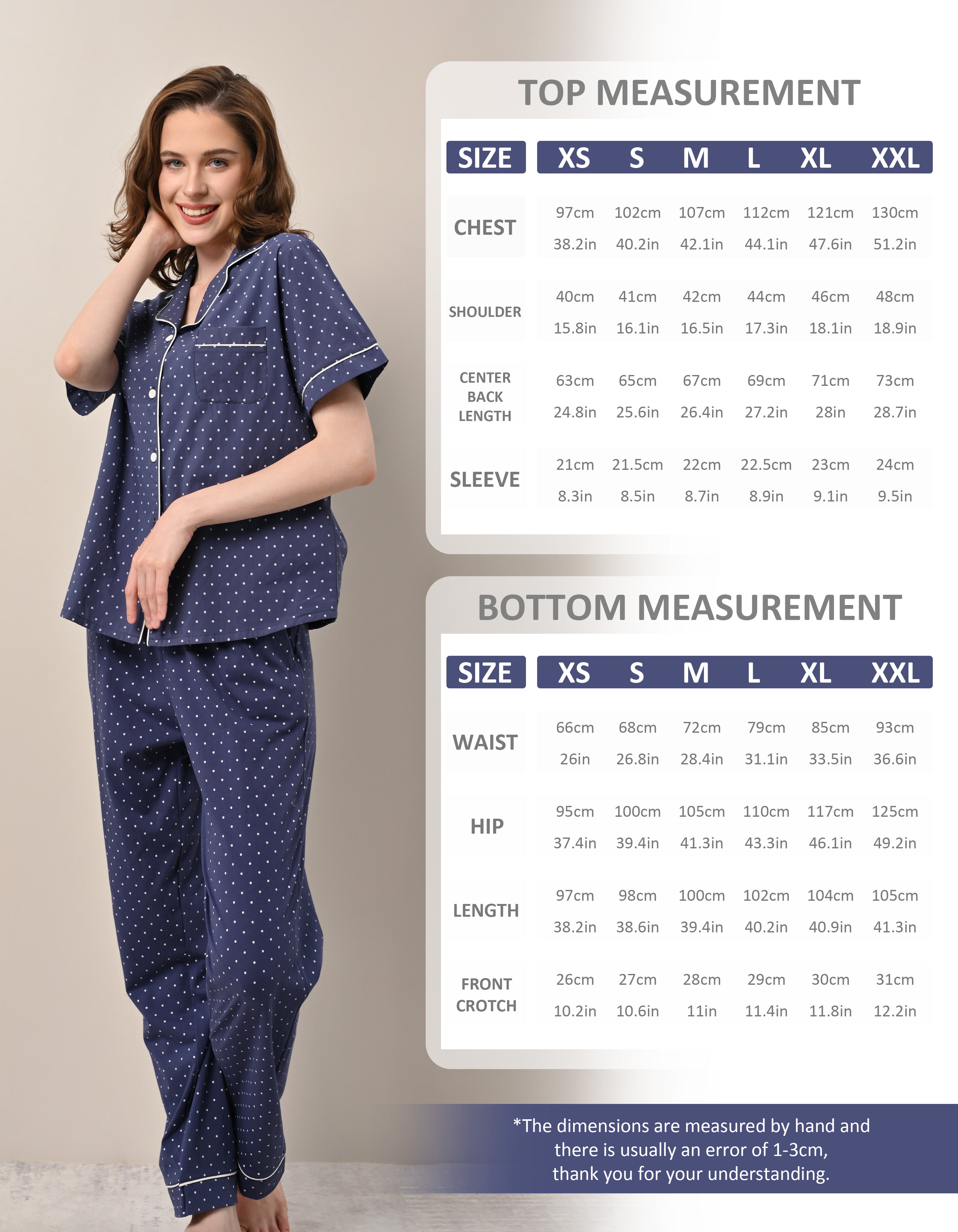 Women’s pajama size chart for short sleeve top and long pants measurements