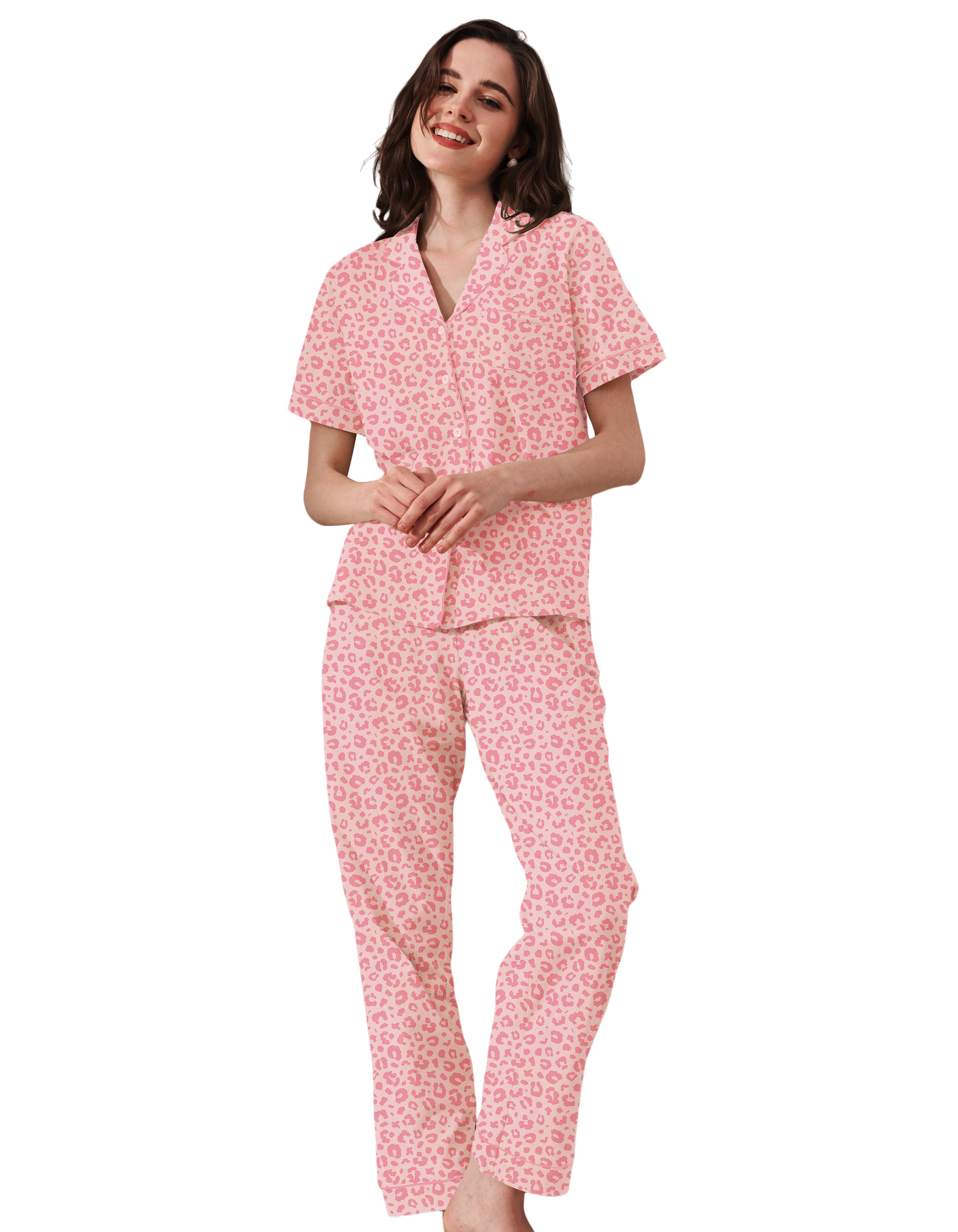 Women wearing pink leopard print 100% cotton pajama set with short sleeve button-down top and long pants