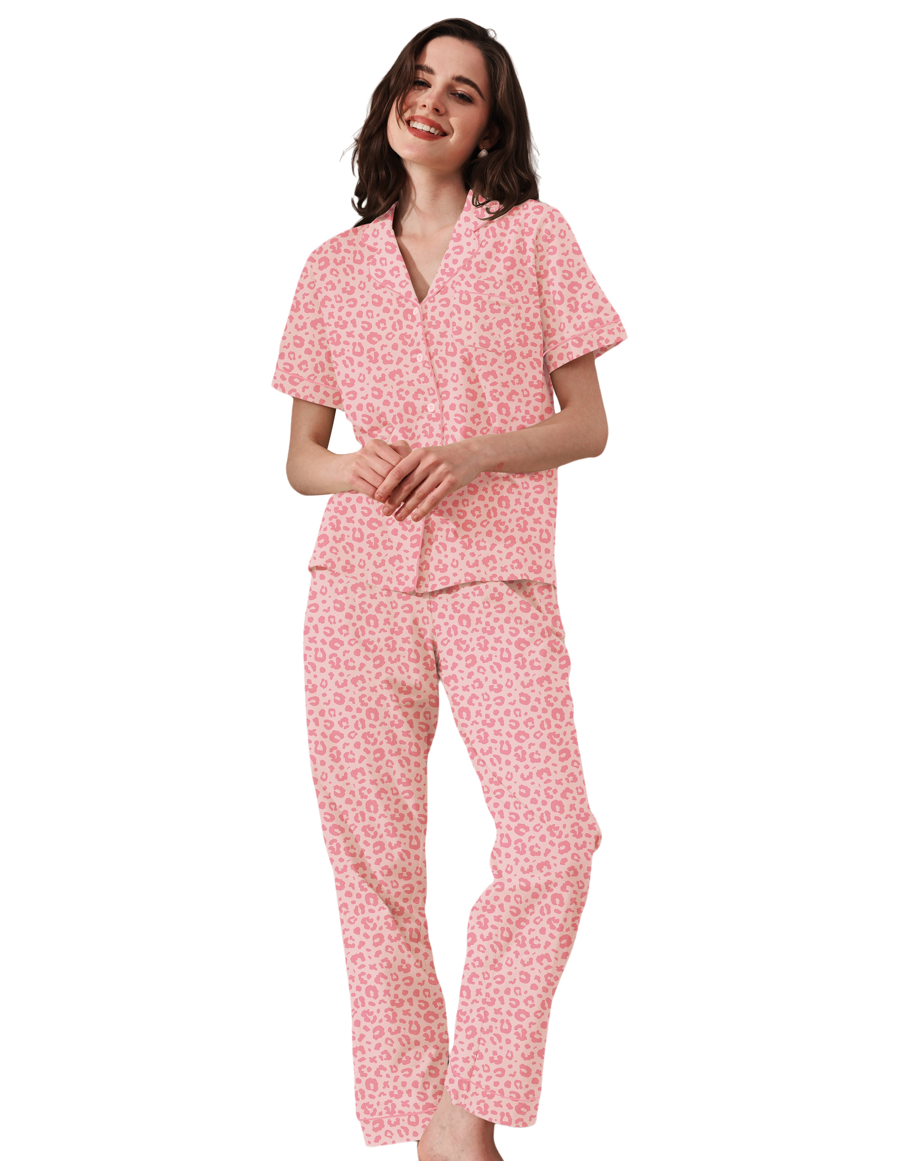 Women wearing pink leopard print 100% cotton pajama set with short sleeve button-down top and long pants