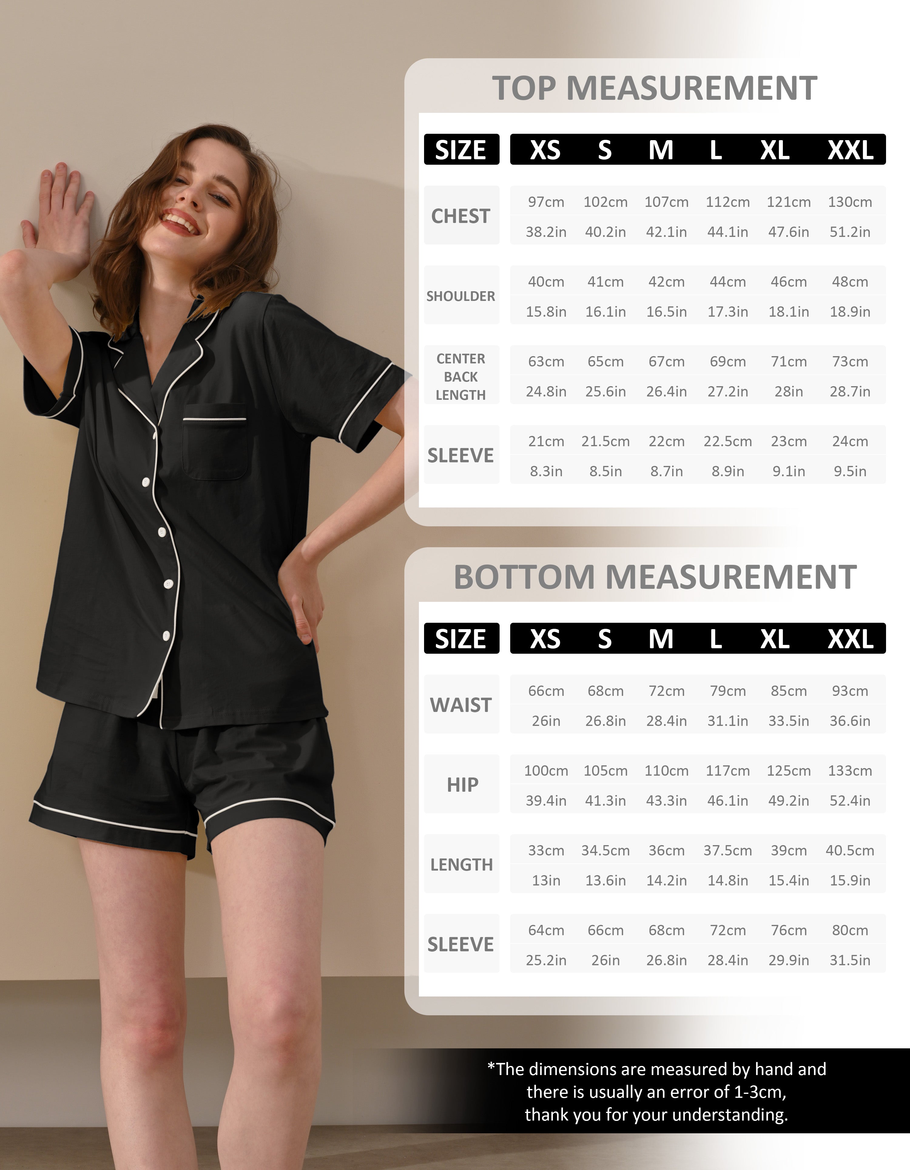 women cotton pajama set size chart XS S M L XL XXL
