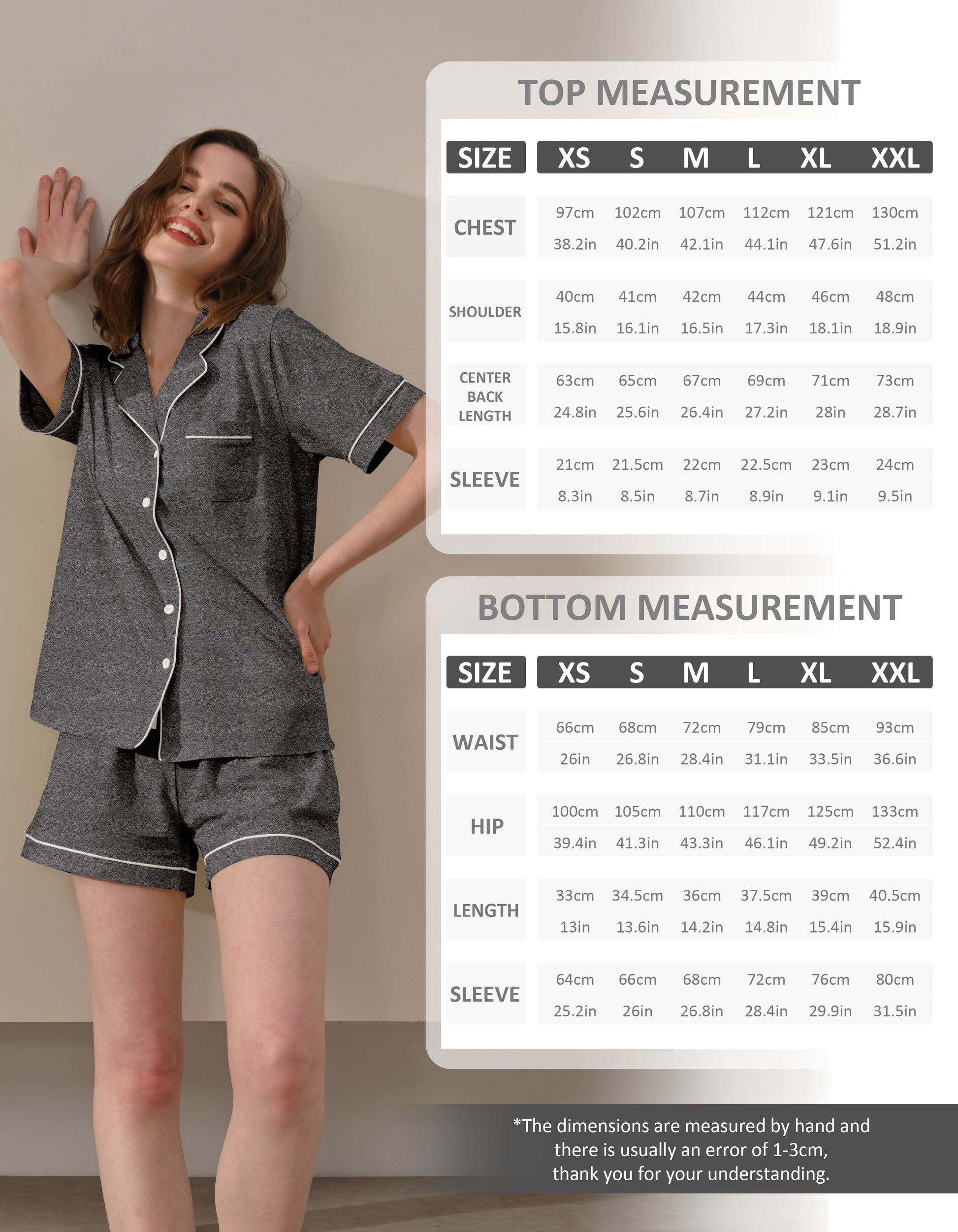 women cotton pajama set size chart XS S M L XL XXL