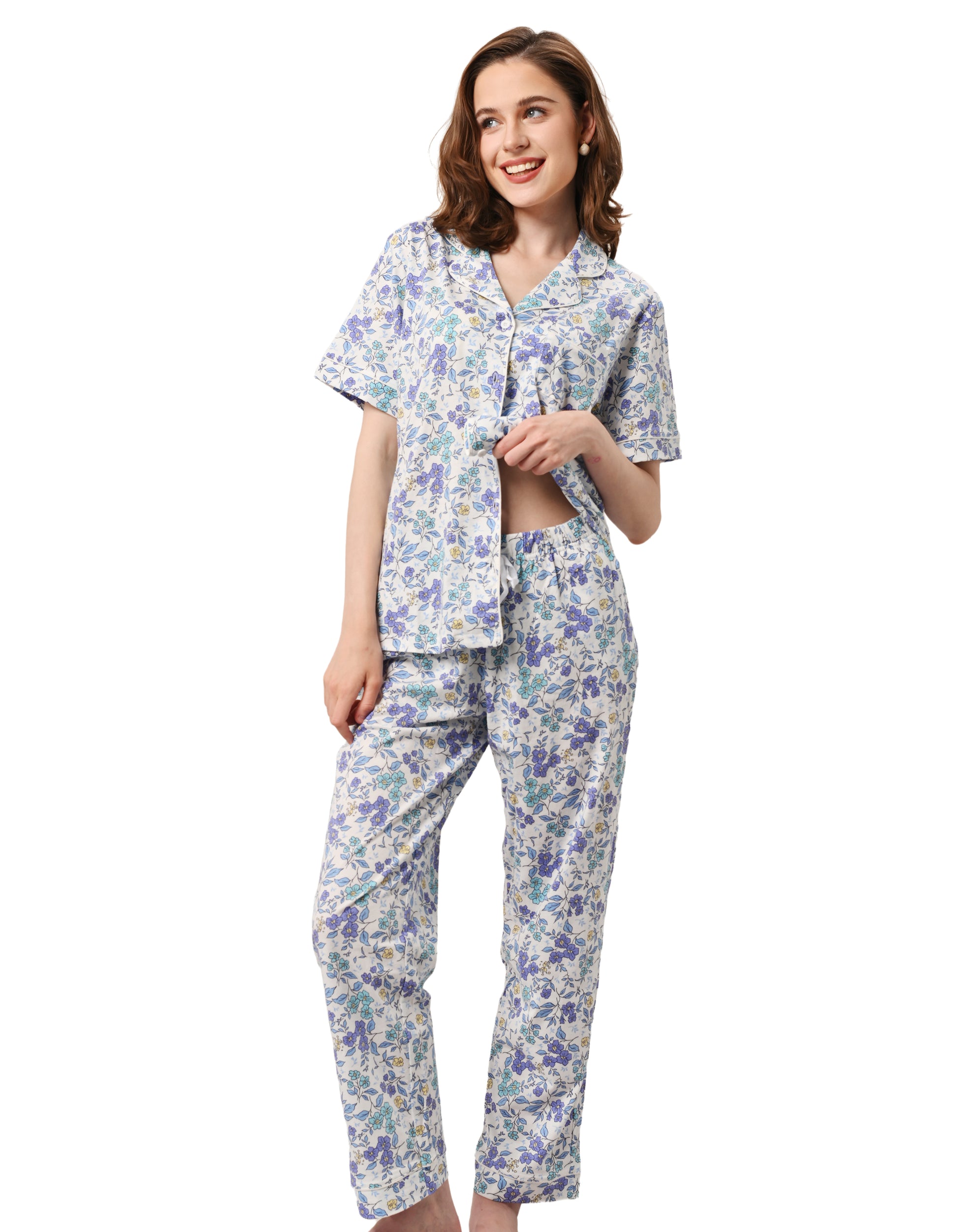 Women’s blue floral cotton pajama set short sleeve button down top and long pants white background