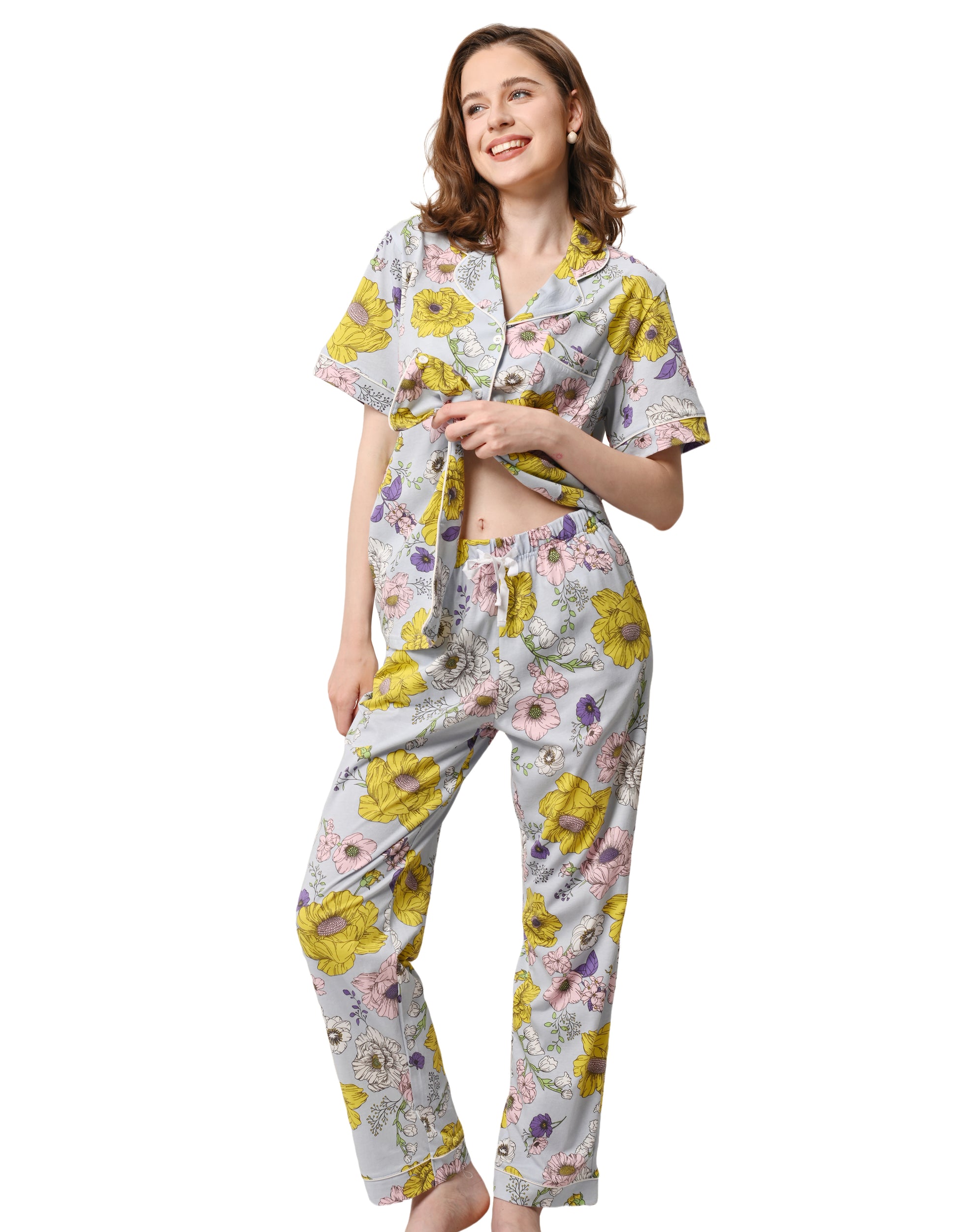 Women’s 100% cotton pajama set with chrysanthemum floral print, short sleeve button-down top and long pants