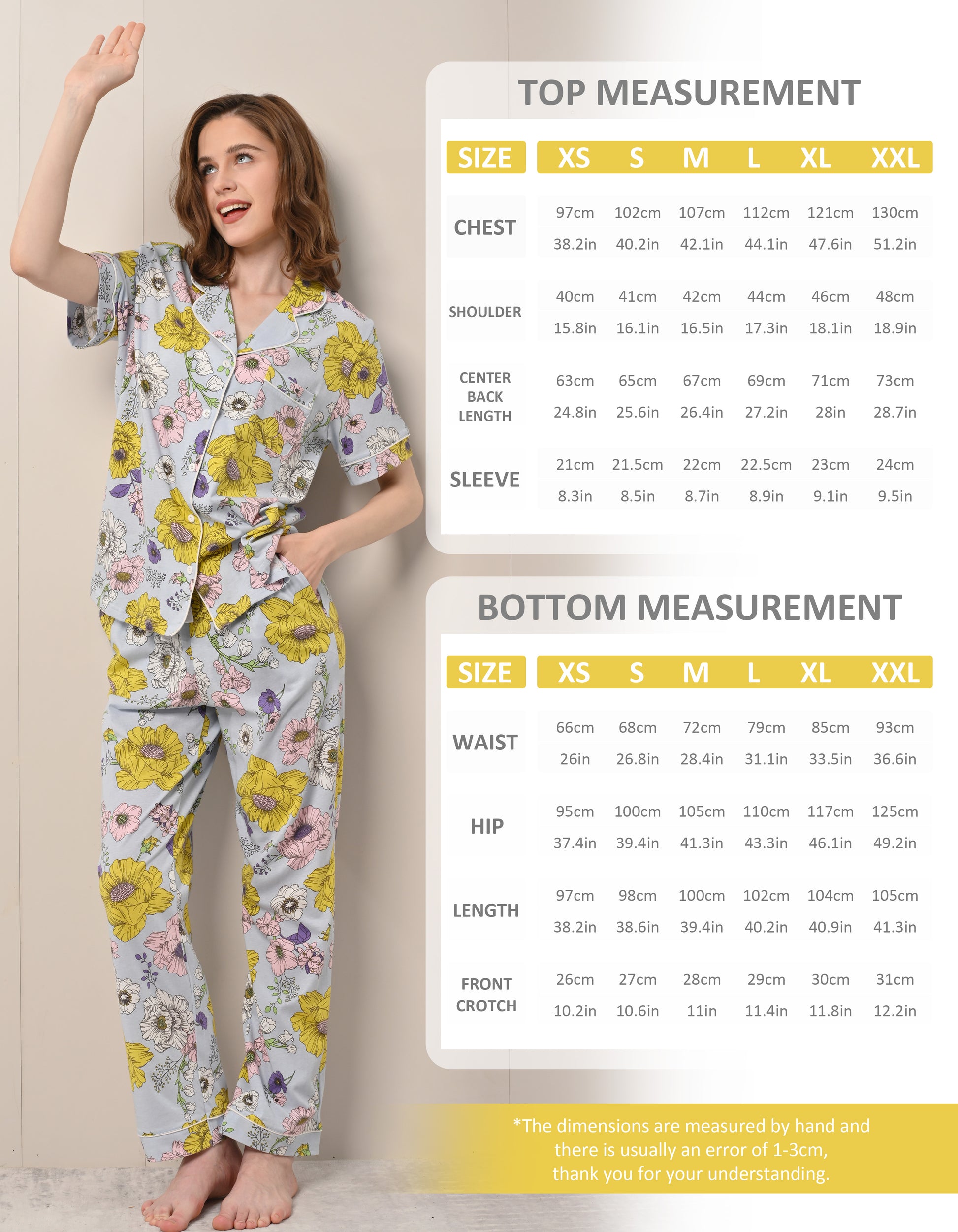Size chart for women’s cotton pajama set short sleeve top and long pants