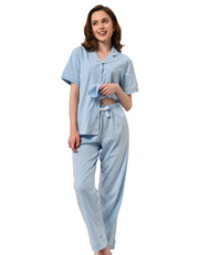 women’s light blue polka dot cotton pajama set short sleeve button down with long pants front view