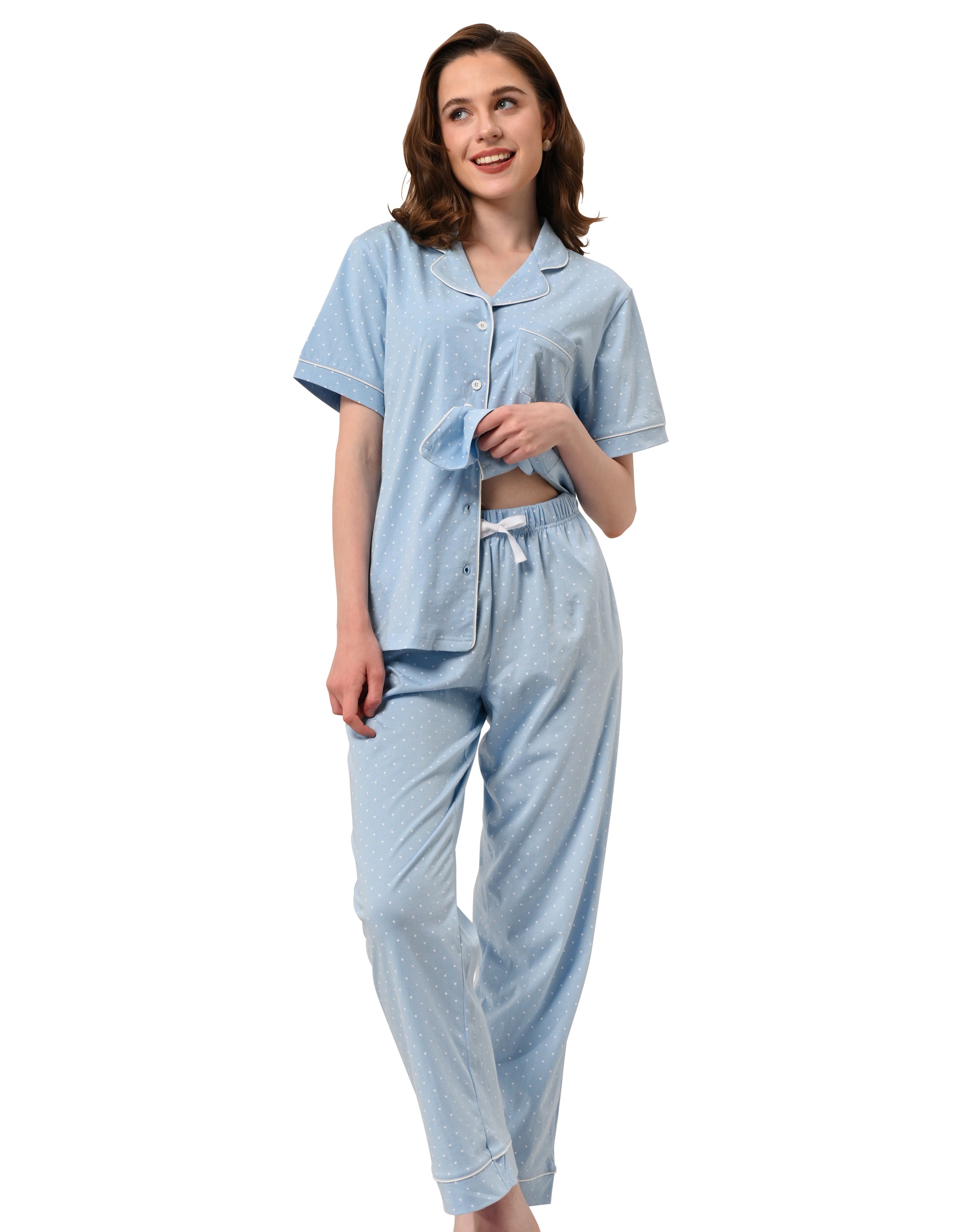women’s light blue polka dot cotton pajama set short sleeve button down with long pants front view